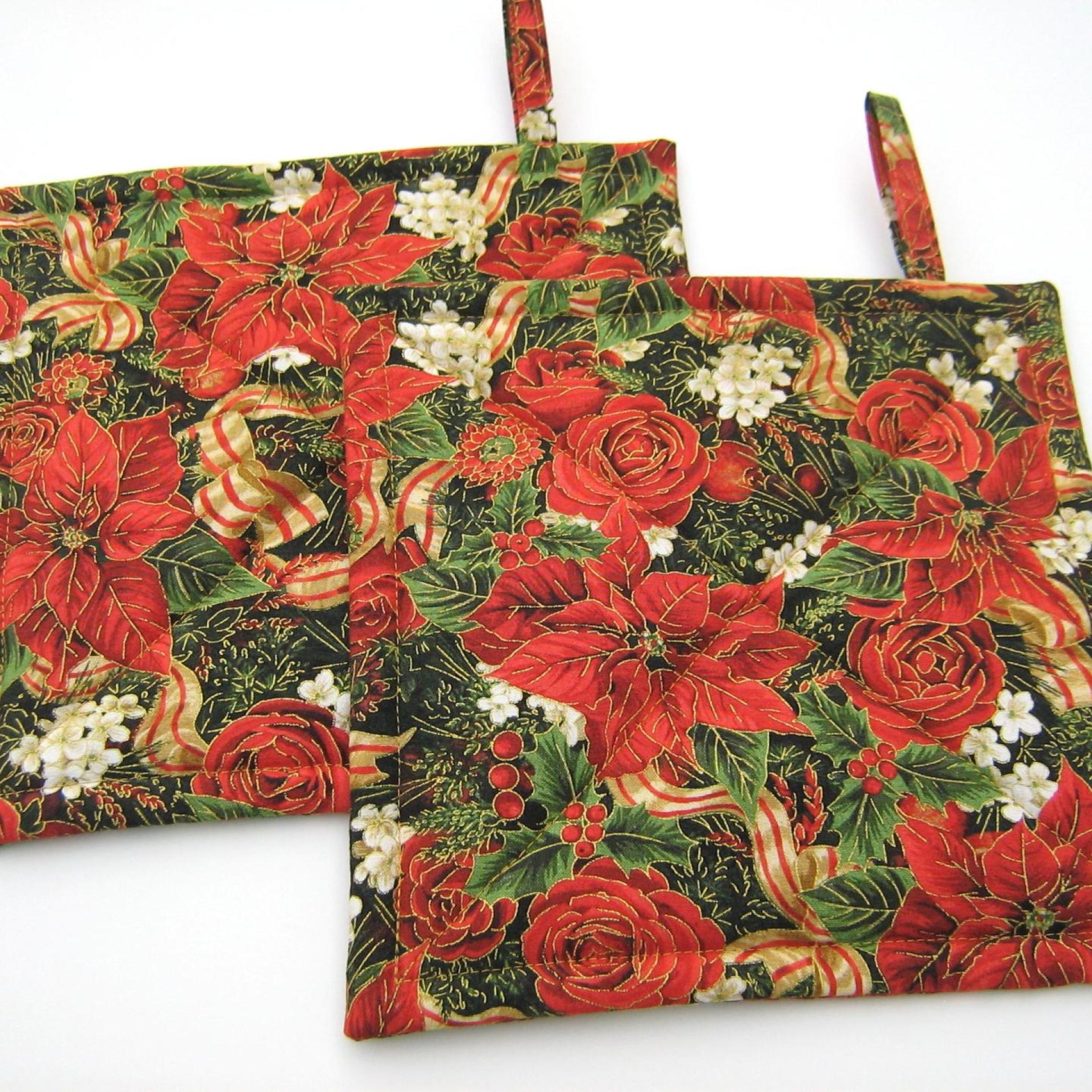 Poinsettia Potholders, Red Roses, Holly, Pomegranate, Holiday Quilted Hot Pads, USA Made Stocking Stuffer, Hostess Gift