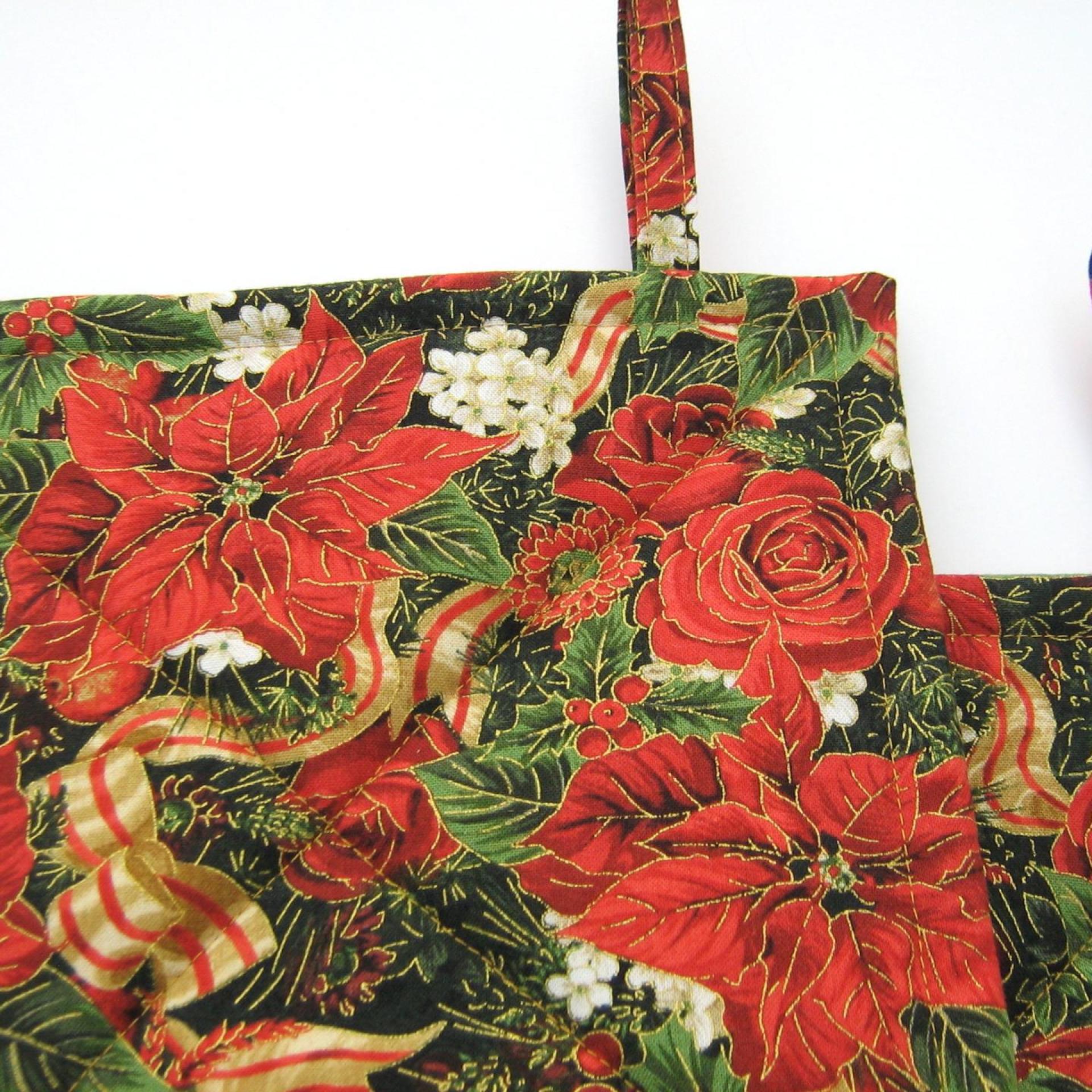Poinsettia Potholders, Red Roses, Holly, Pomegranate, Holiday Quilted Hot Pads, USA Made Stocking Stuffer, Hostess Gift