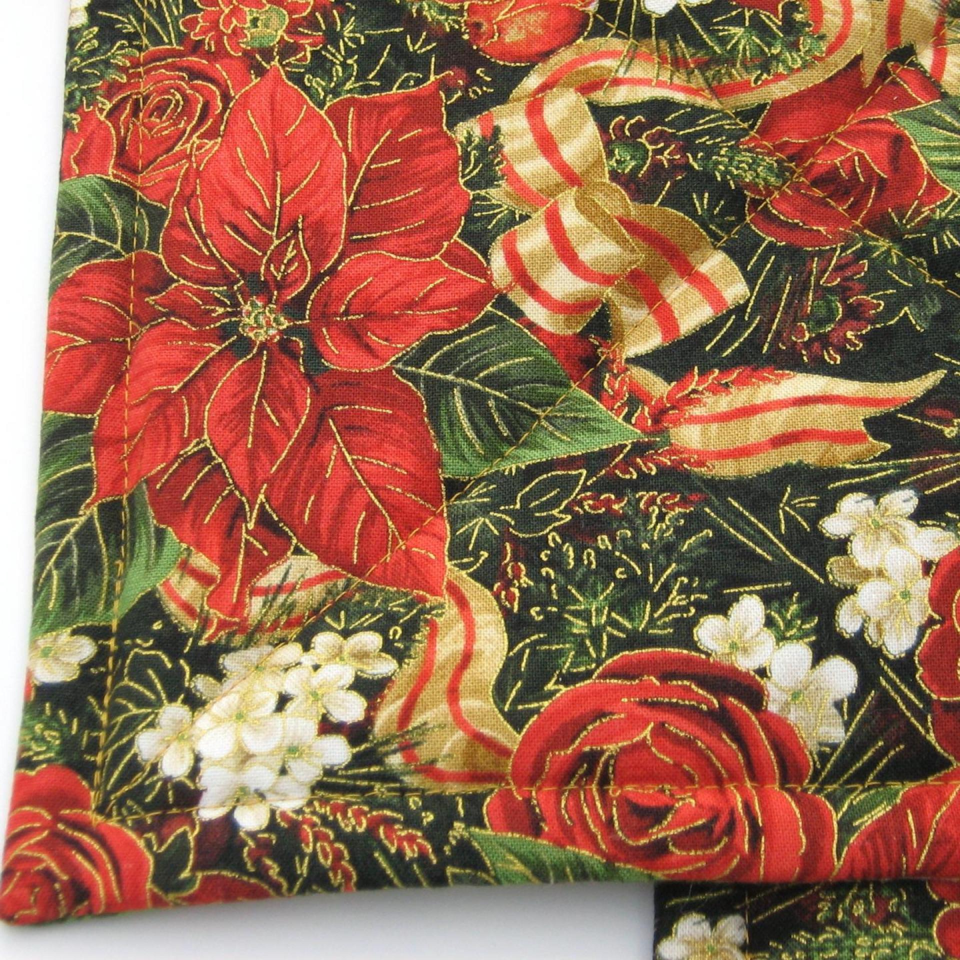 Poinsettia Potholders, Red Roses, Holly, Pomegranate, Holiday Quilted Hot Pads, USA Made Stocking Stuffer, Hostess Gift