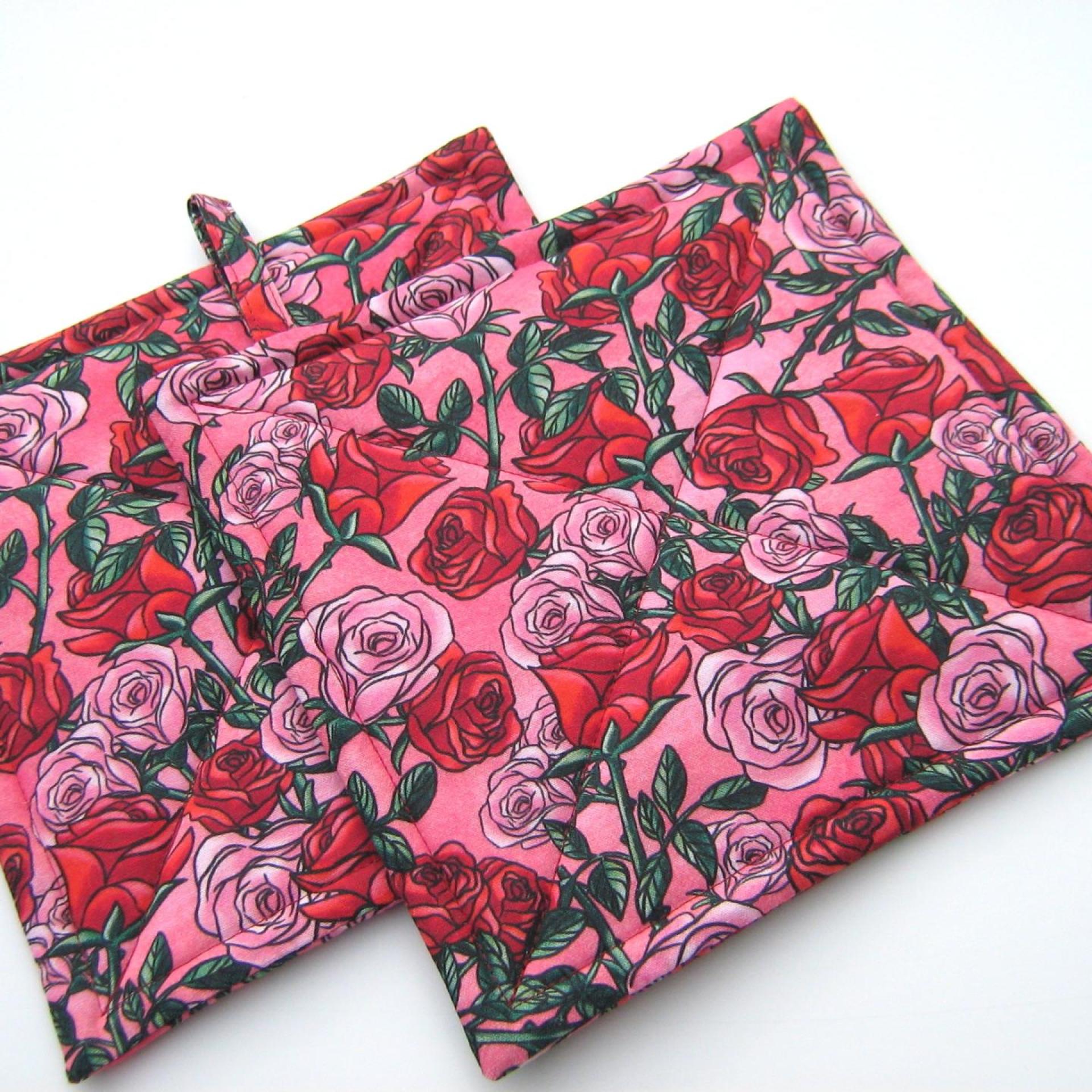 Red Roses Potholders, Pink Sweetheart Rose Quilted Hot Pads, Romance Core USA Handmade Valentine's or Hostess Gift