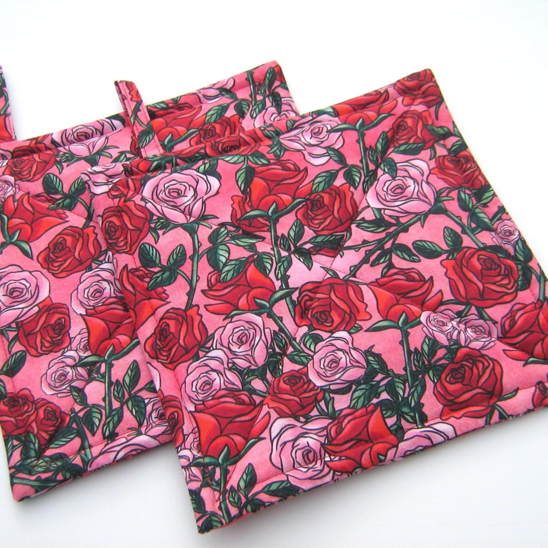 Red Roses Potholders, Pink Sweetheart Rose Quilted Hot Pads, Romance Core USA Handmade Valentine's or Hostess Gift