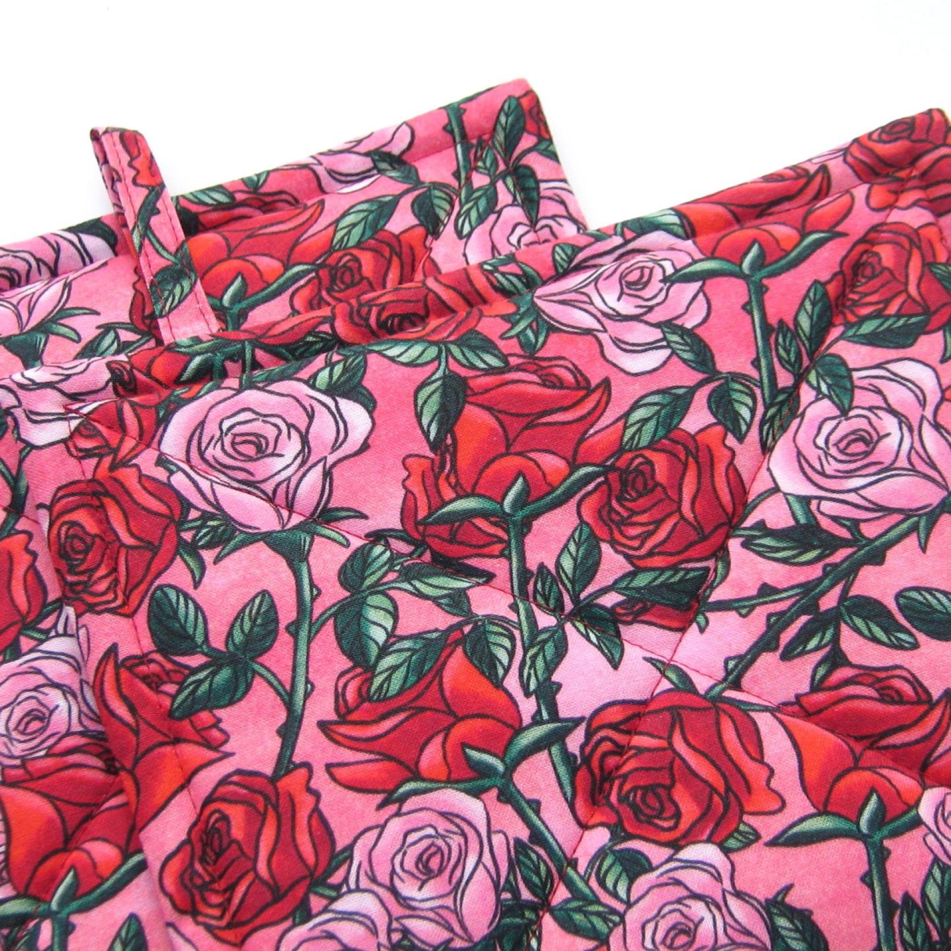 Red Roses Potholders, Pink Sweetheart Rose Quilted Hot Pads, Romance Core USA Handmade Valentine's or Hostess Gift