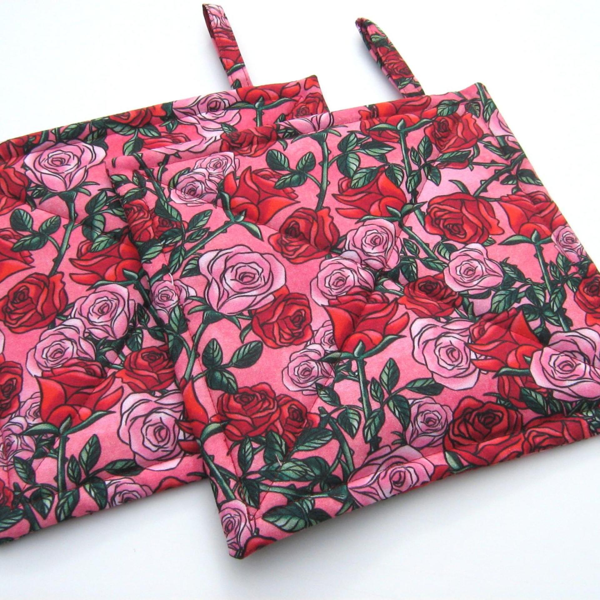 Red Roses Potholders, Pink Sweetheart Rose Quilted Hot Pads, Romance Core USA Handmade Valentine's or Hostess Gift
