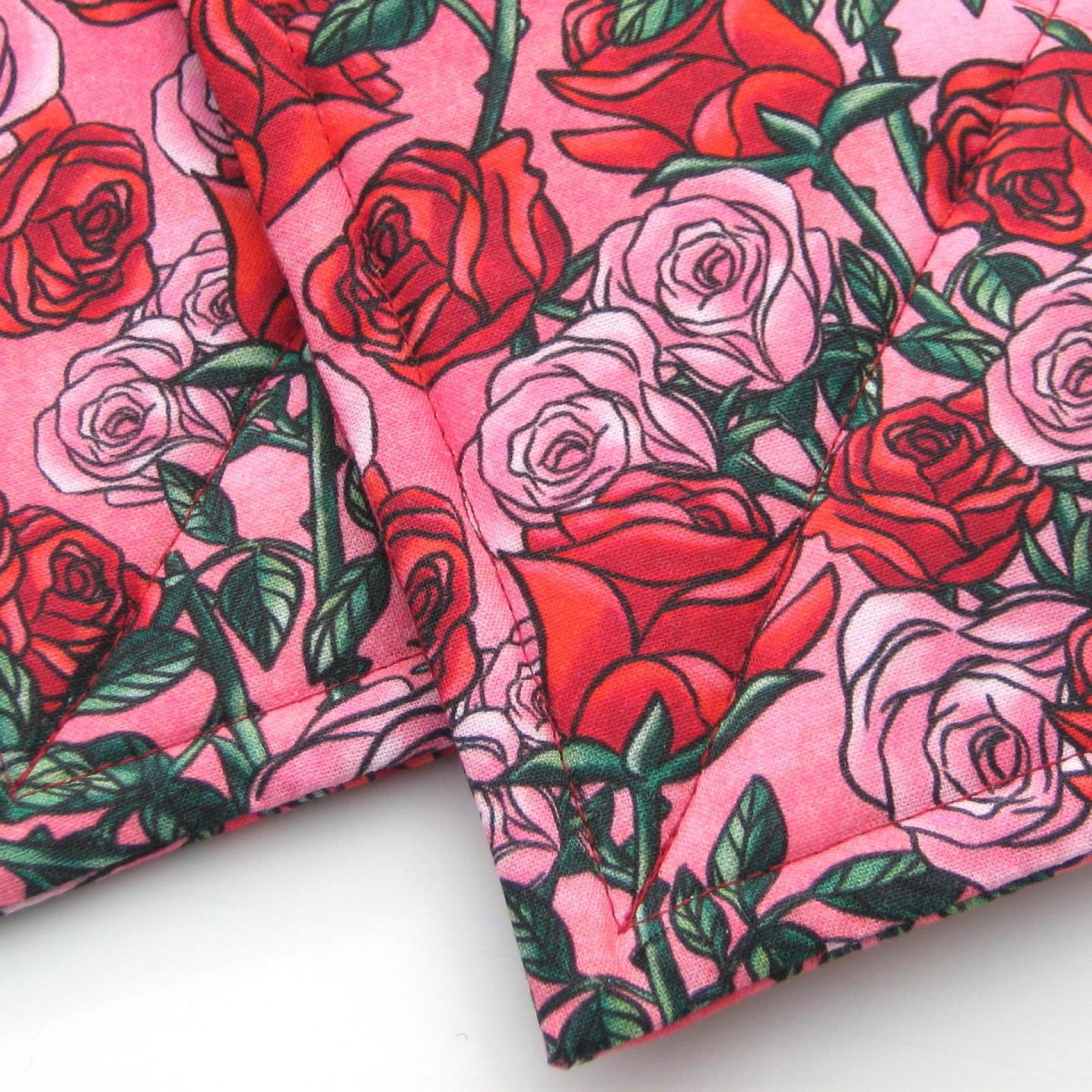 Red Roses Potholders, Pink Sweetheart Rose Quilted Hot Pads, Romance Core USA Handmade Valentine's or Hostess Gift