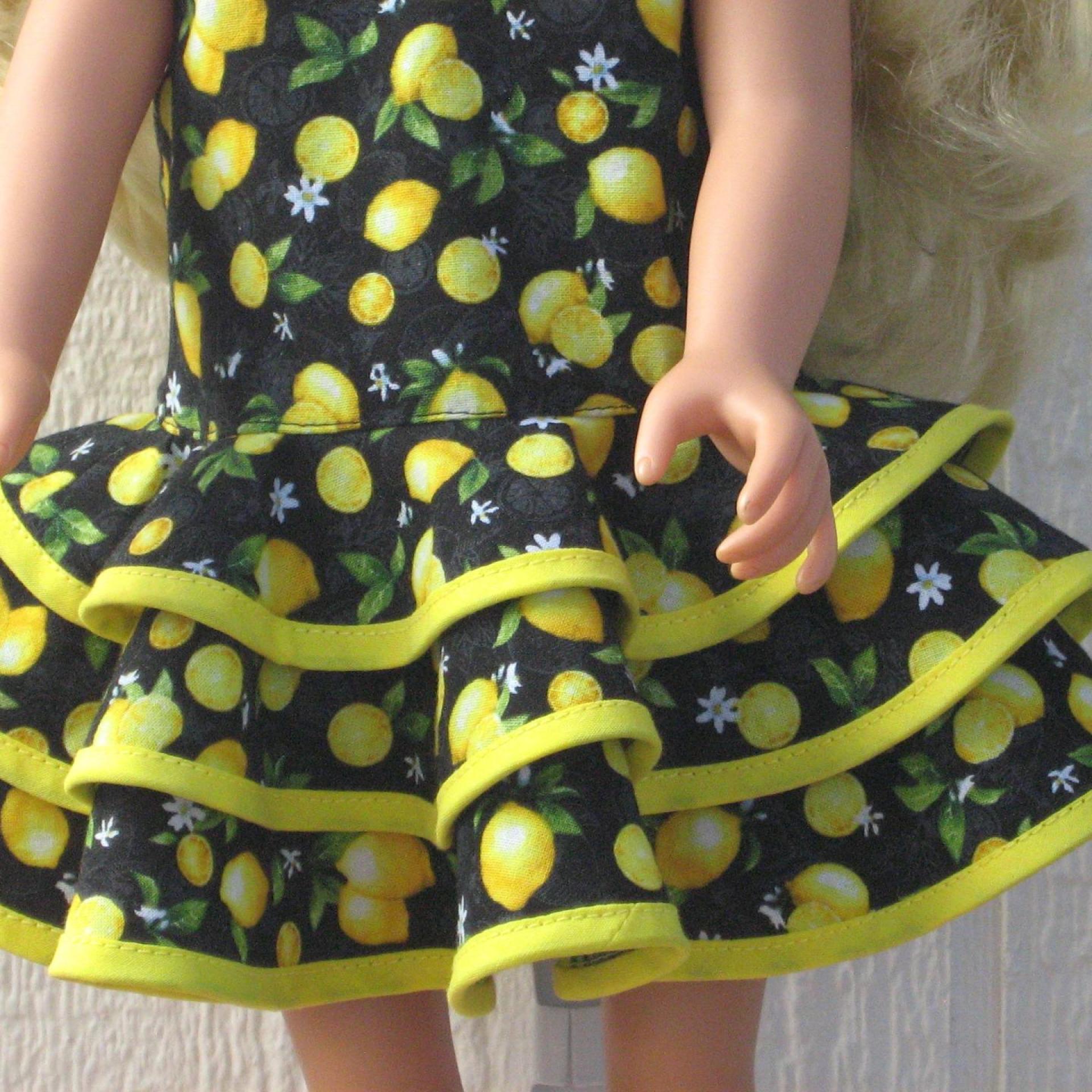 Yellow Lemons Ruffled Dress for 18-inch Doll, Yellow Bias Trim, Matching Bag and Headband, Travel or Summer Party Outfit