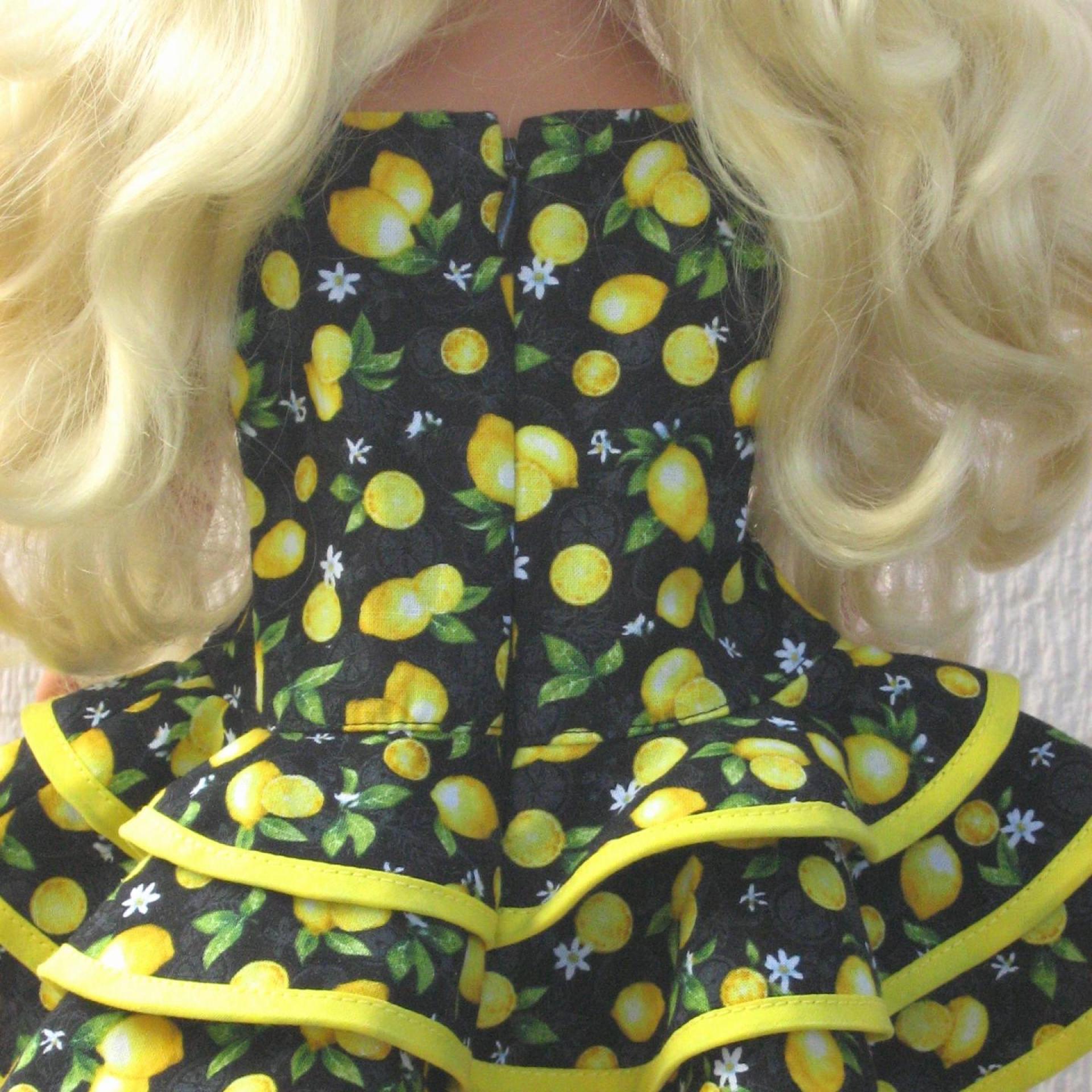 Yellow Lemons Ruffled Dress for 18-inch Doll, Yellow Bias Trim, Matching Bag and Headband, Travel or Summer Party Outfit