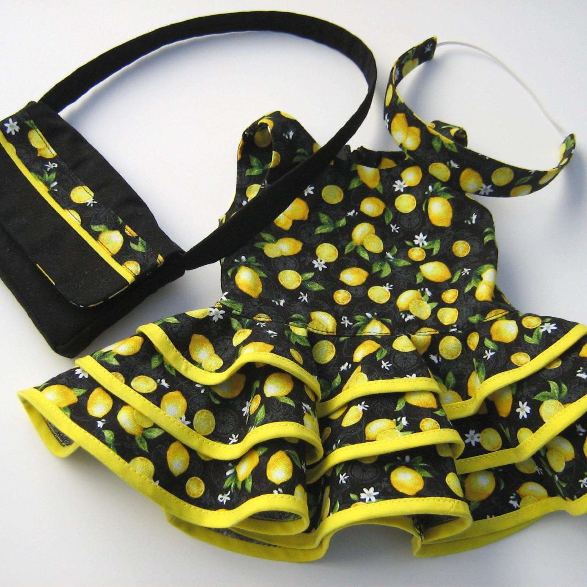 Yellow Lemons Ruffled Dress for 18-inch Doll, Yellow Bias Trim, Matching Bag and Headband, Travel or Summer Party Outfit