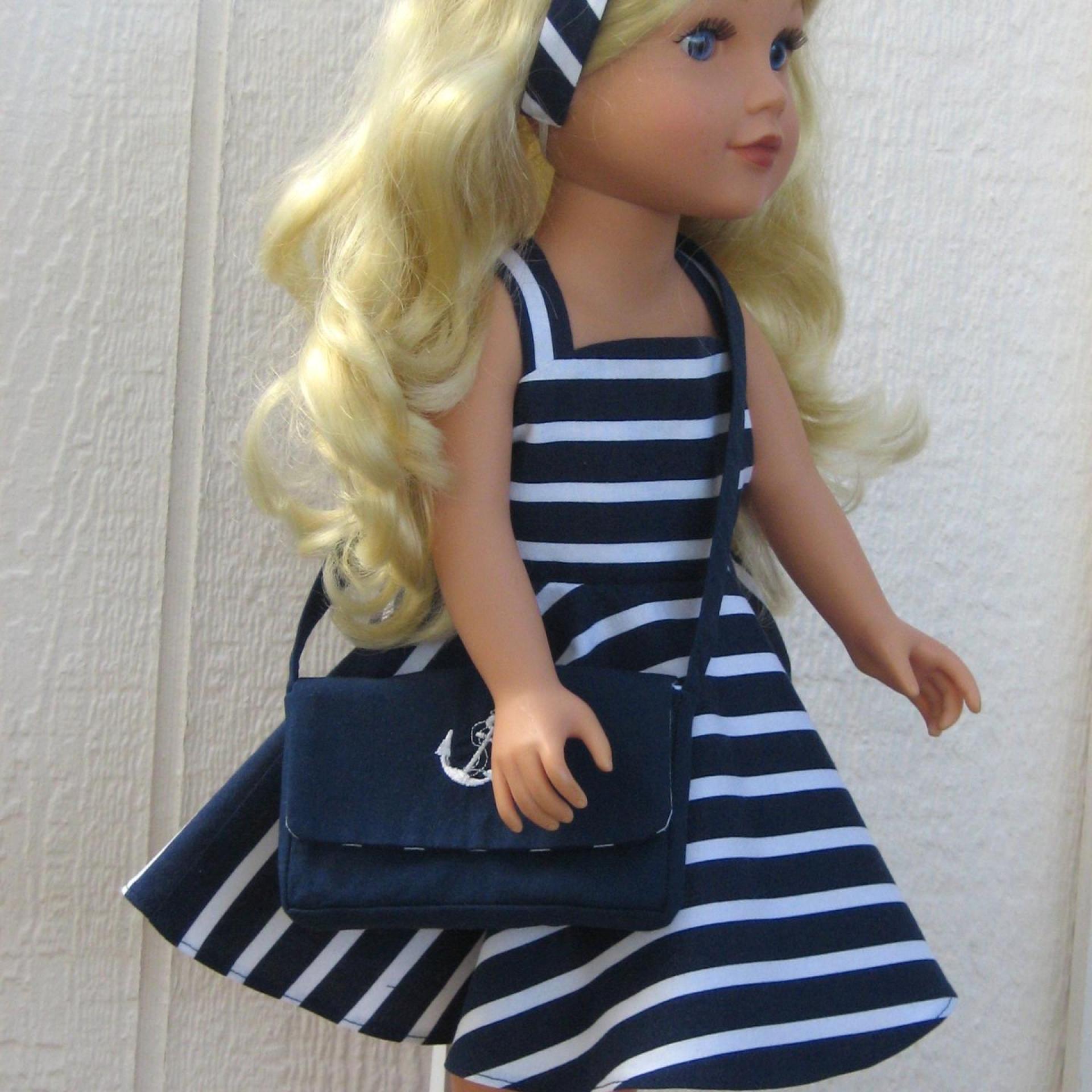Nautical Blue White Striped Dress for 18-inch Doll, Summer Party Outfit, Cruise Collection, Matching Bag and Headband
