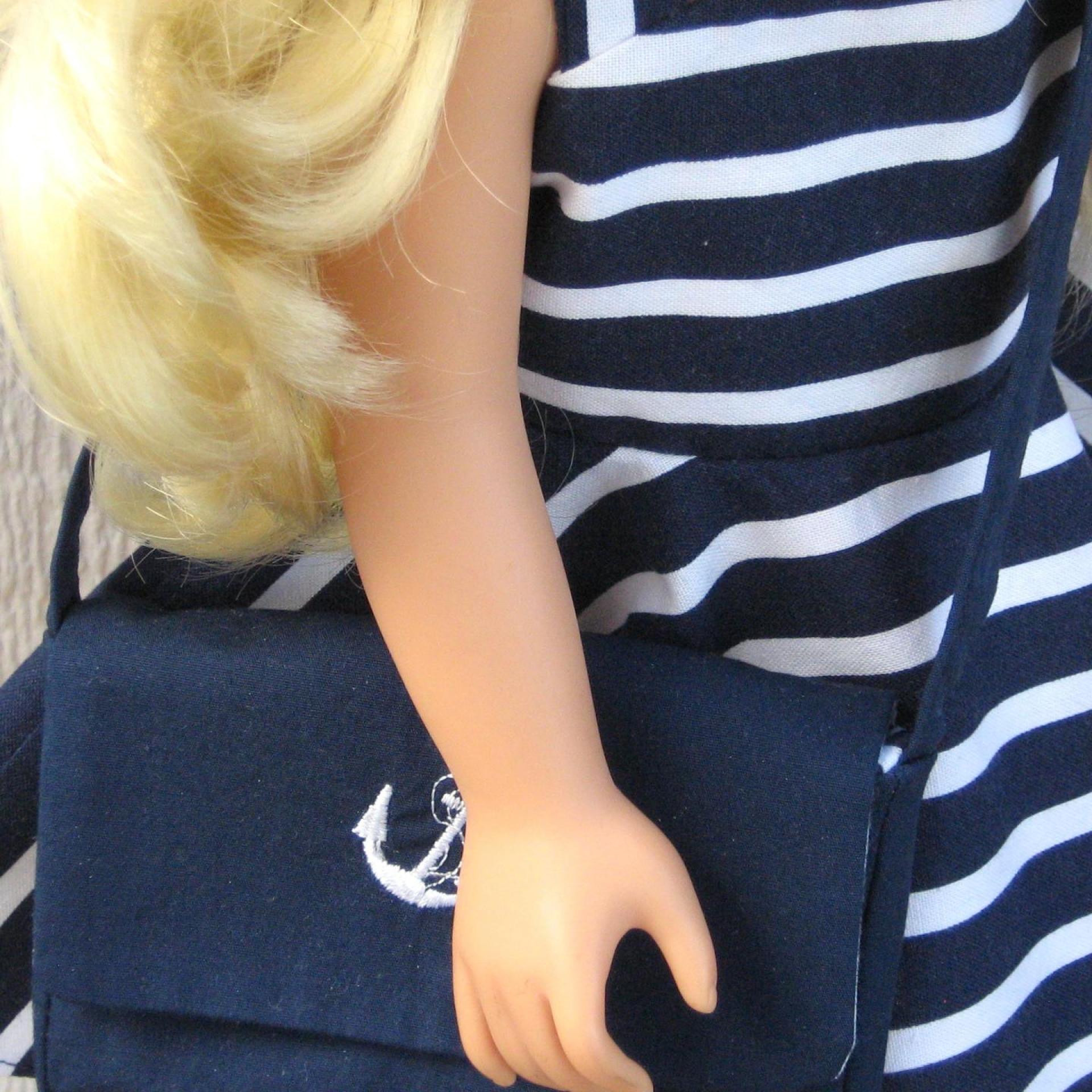 Nautical Blue White Striped Dress for 18-inch Doll, Summer Party Outfit, Cruise Collection, Matching Bag and Headband