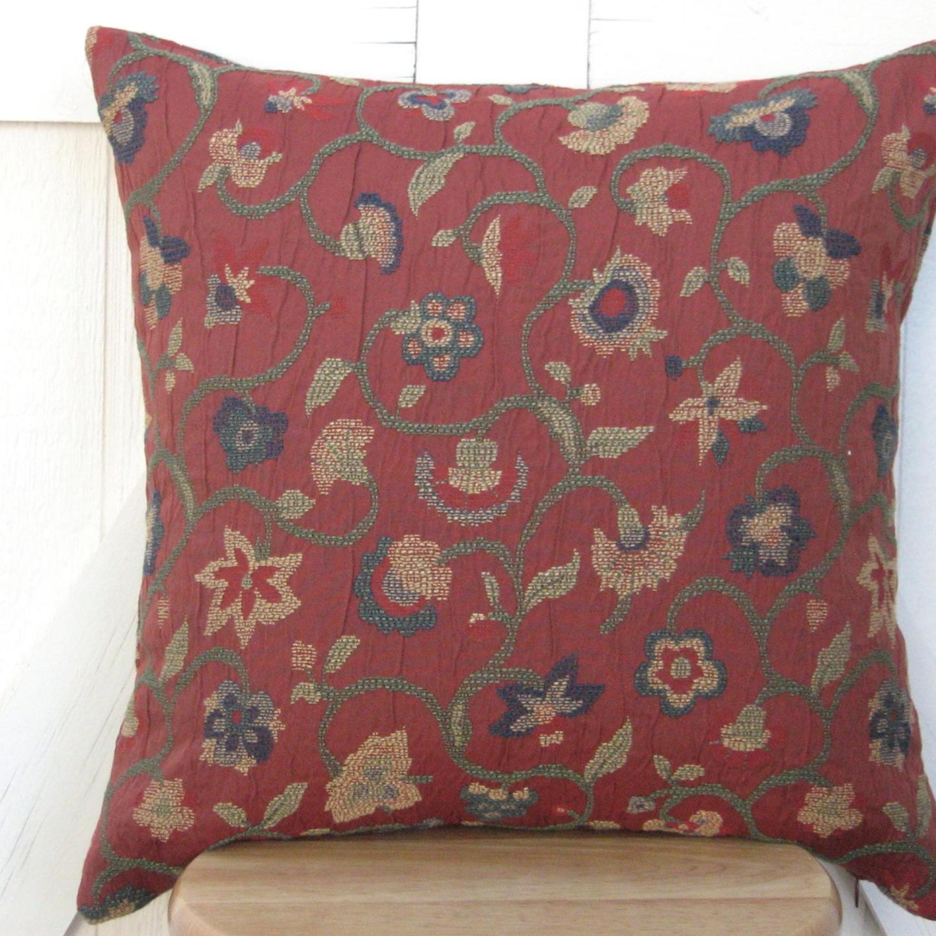 Jacobean Embroidery Pillow Cover in Rust Red Crinkle Home Décor Cotton Blend, 17 x 17 inches