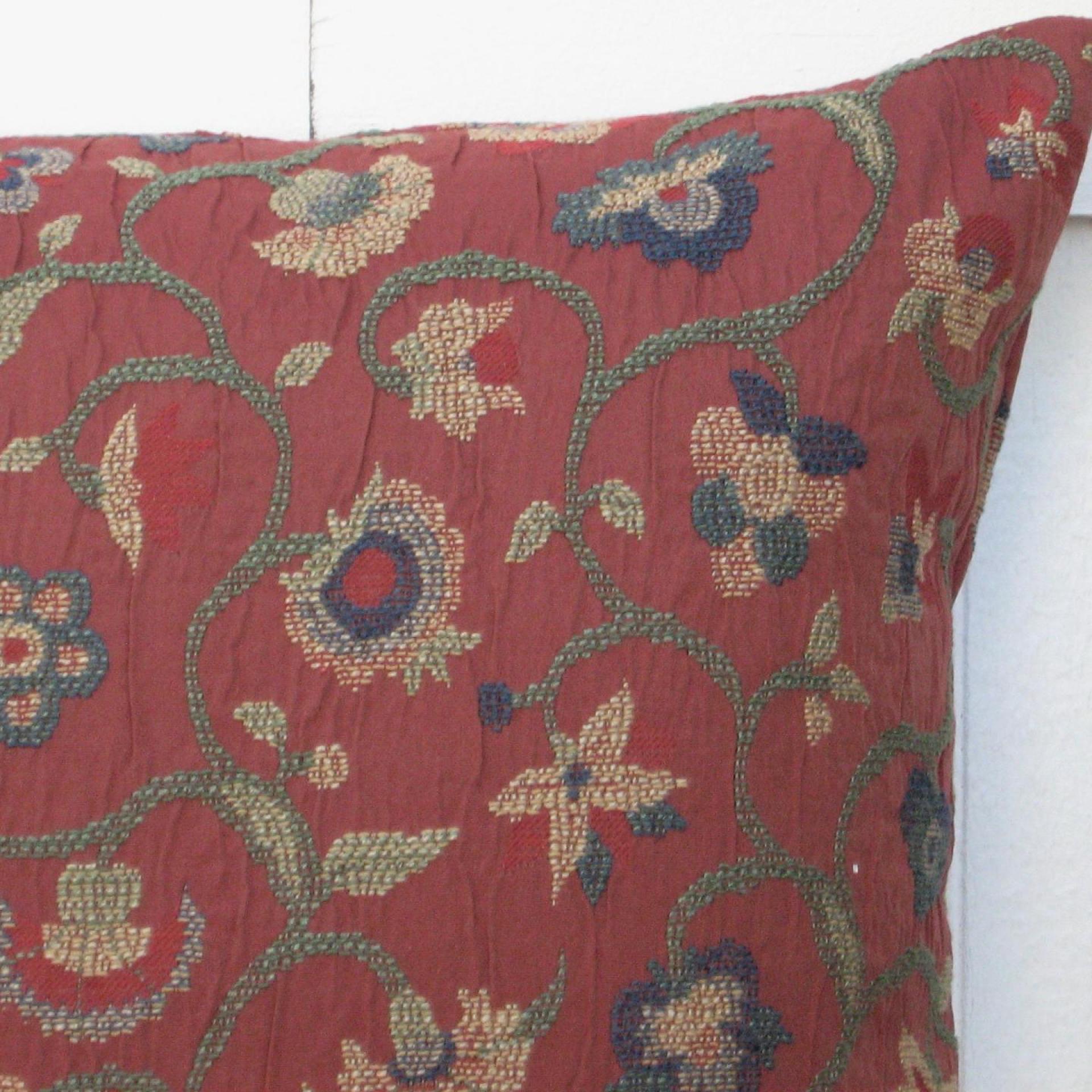 Jacobean Embroidery Pillow Cover in Rust Red Crinkle Home Décor Cotton Blend, 17 x 17 inches