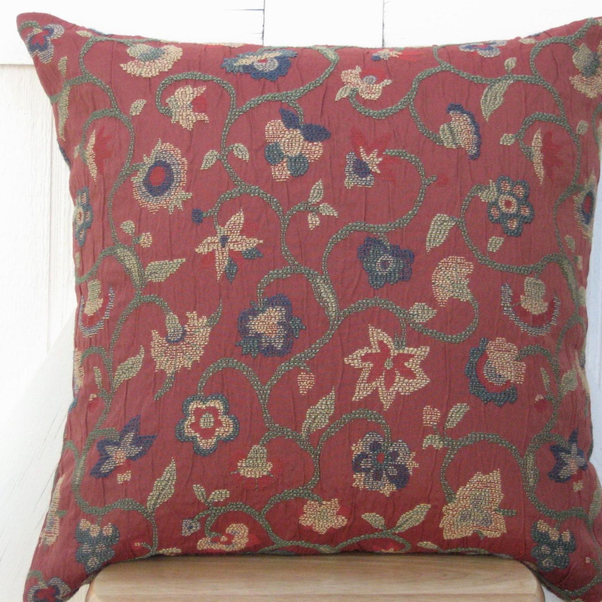 Jacobean Embroidery Pillow Cover in Rust Red Crinkle Home Décor Cotton Blend, 17 x 17 inches