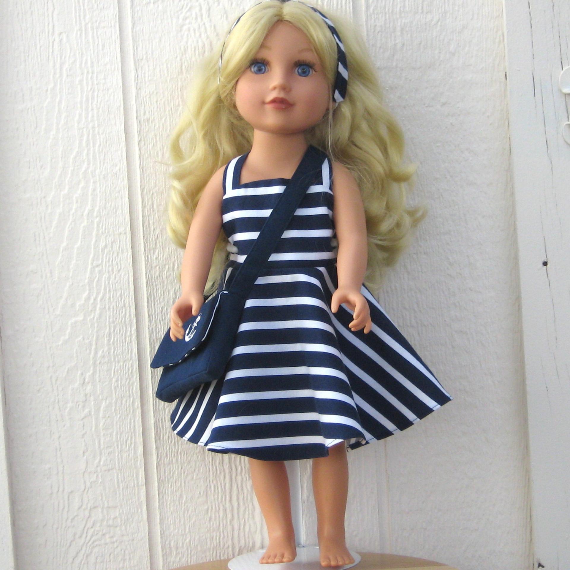 Nautical Blue White Striped Dress for 18-inch Doll, Summer Party Outfit, Cruise Collection, Matching Bag and Headband