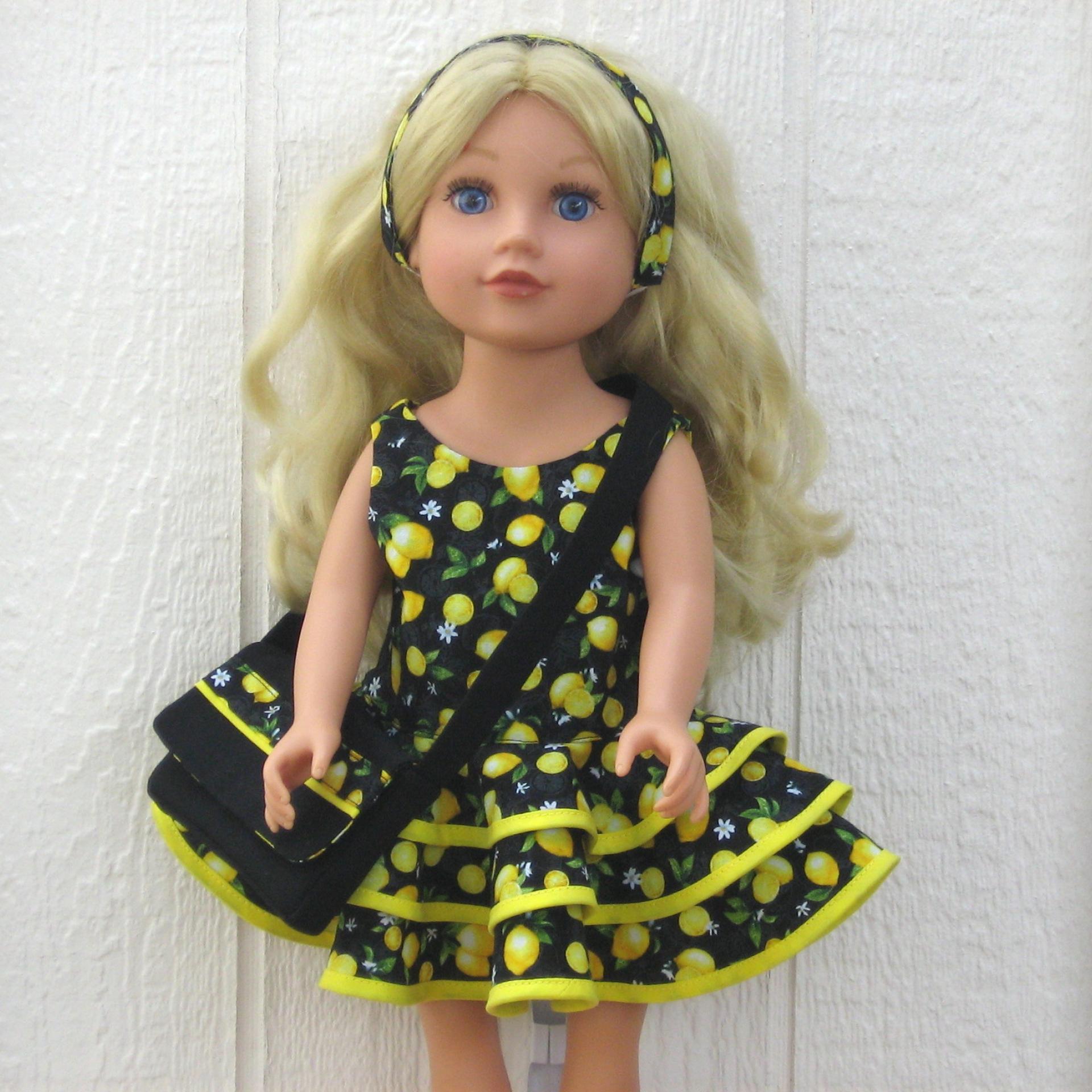 Yellow Lemons Ruffled Dress for 18-inch Doll, Yellow Bias Trim, Matching Bag and Headband, Travel or Summer Party Outfit