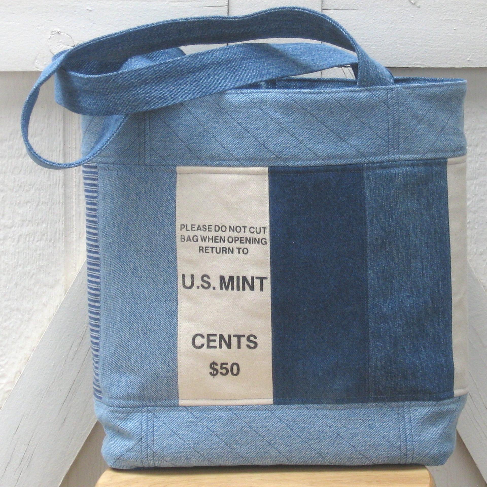 Upcycled Denim Tote in Patchwork Repurposed Blue Jeans Denim Vintage Coin Bag Cotton Lined Big Bag with Pockets