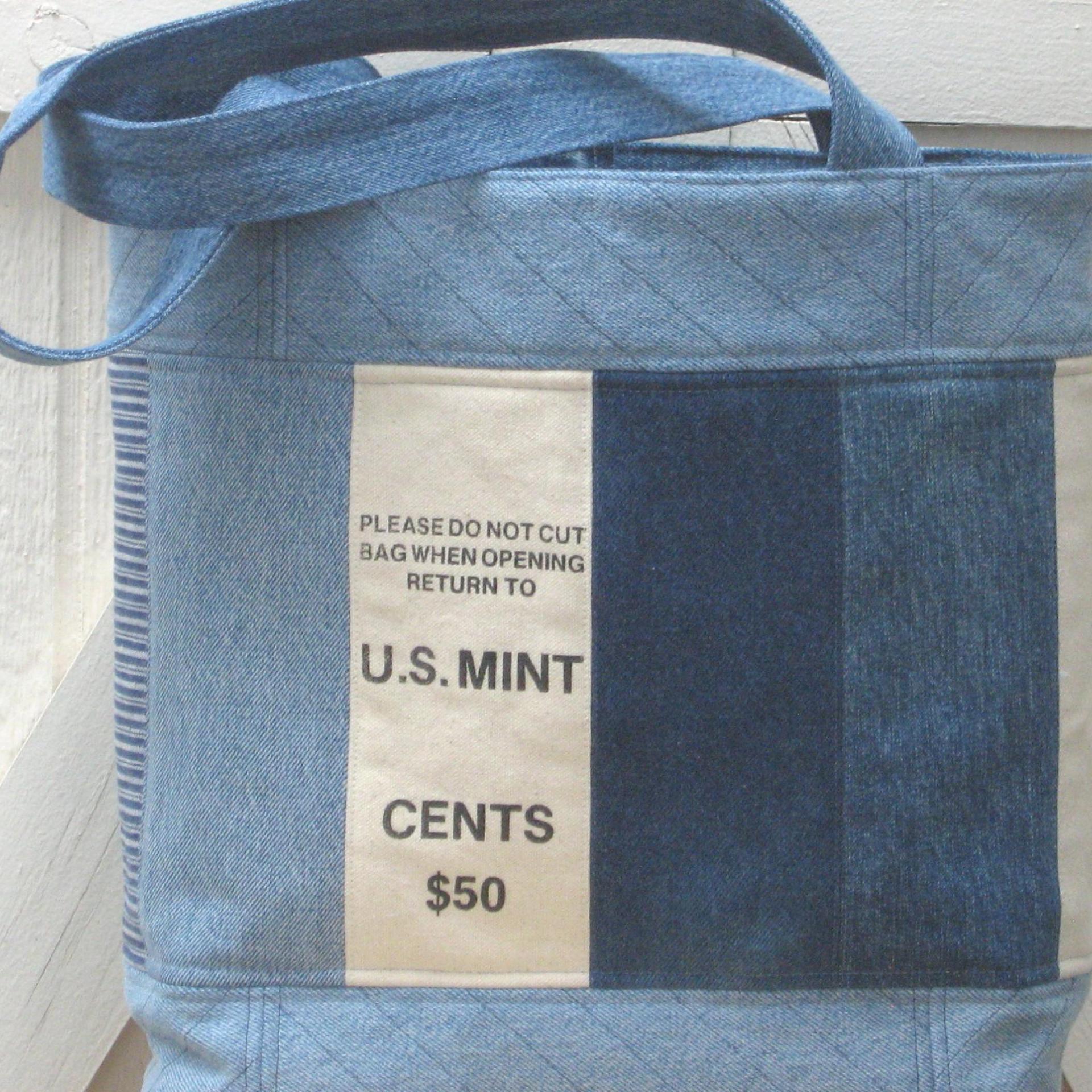 Upcycled Denim Tote in Patchwork Repurposed Blue Jeans Denim & Vintage Coin Bag Cotton, Lined Big Bag with Pockets