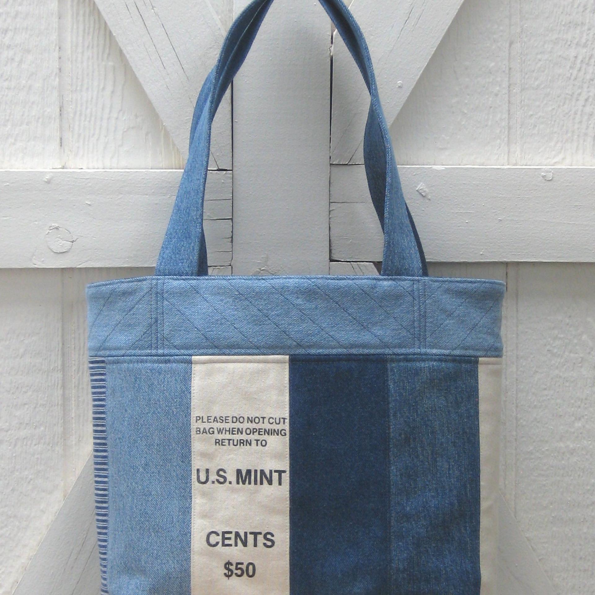 Upcycled Denim Tote in Patchwork Repurposed Blue Jeans Denim & Vintage Coin Bag Cotton, Lined Big Bag with Pockets