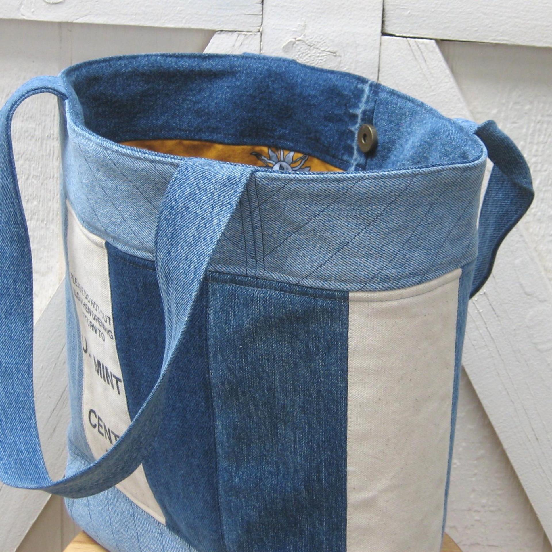 Upcycled Denim Tote in Patchwork Repurposed Blue Jeans Denim & Vintage Coin Bag Cotton, Lined Big Bag with Pockets