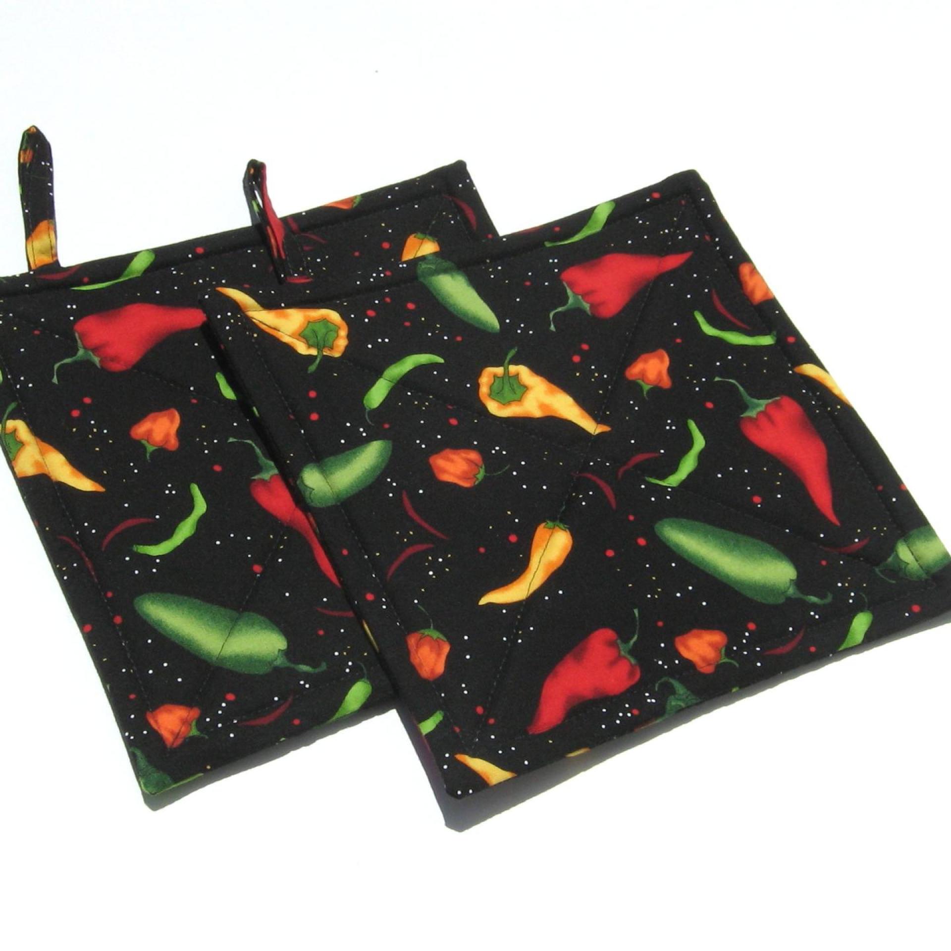 Chile Pepper Potholders, Hot Peppers Quilted Hot Pads, Handmade Hostess Gift