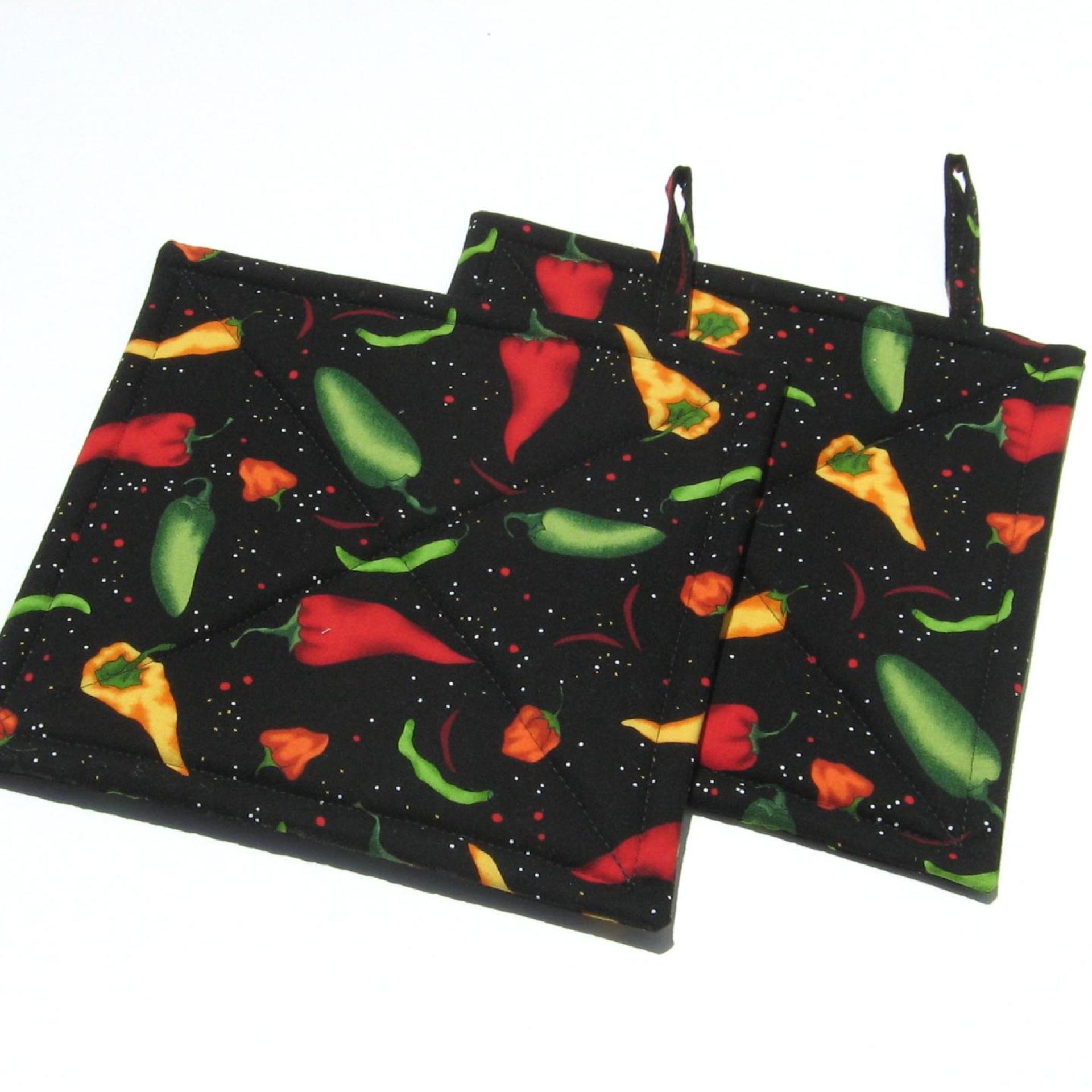 Chile Pepper Potholders, Hot Peppers Quilted Hot Pads, Handmade Hostess Gift