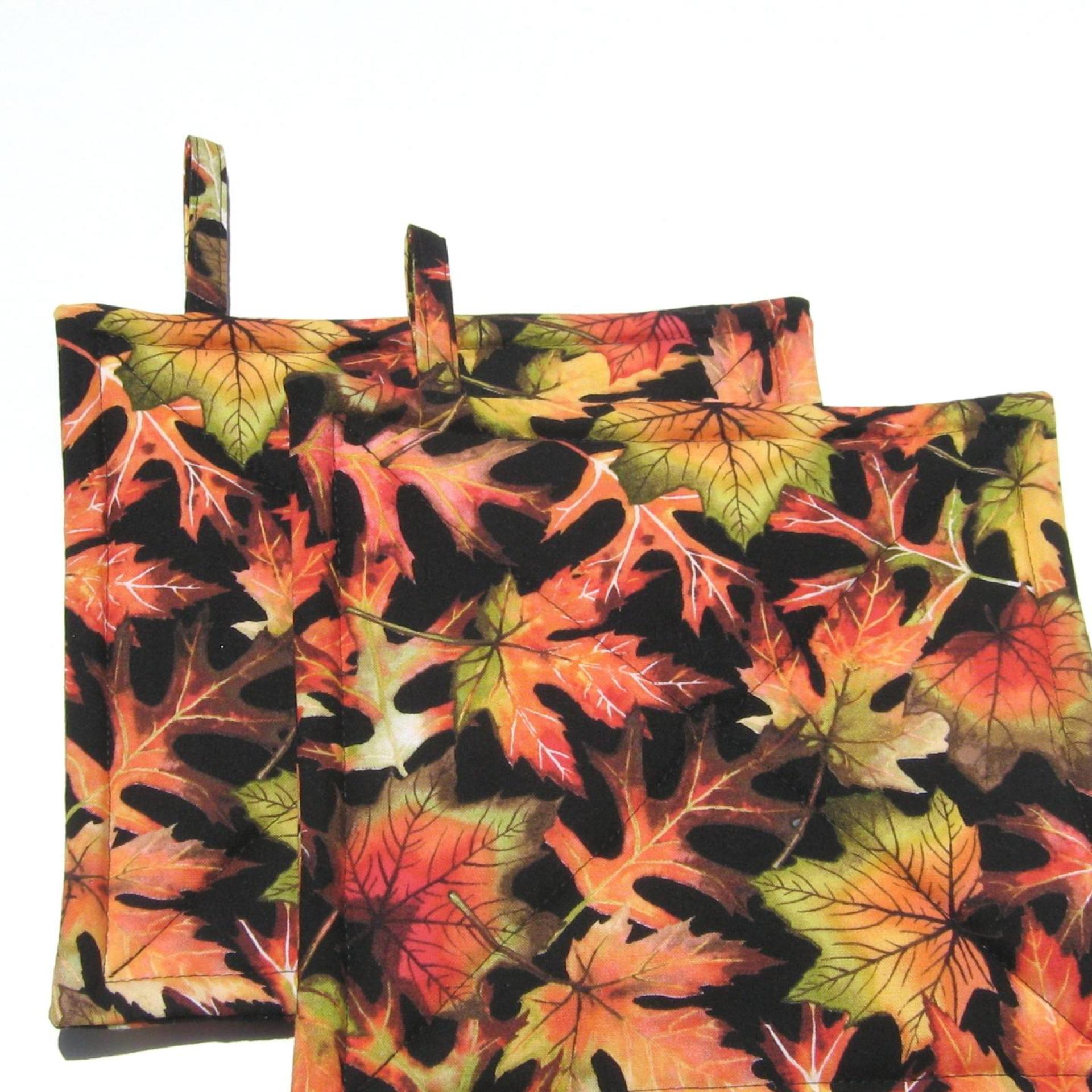 Swirling Autumn Leaves Potholders, Colorful Red Gold Maple Leaf Hot Pads, USA Made Housewarming or Hostess Gift
