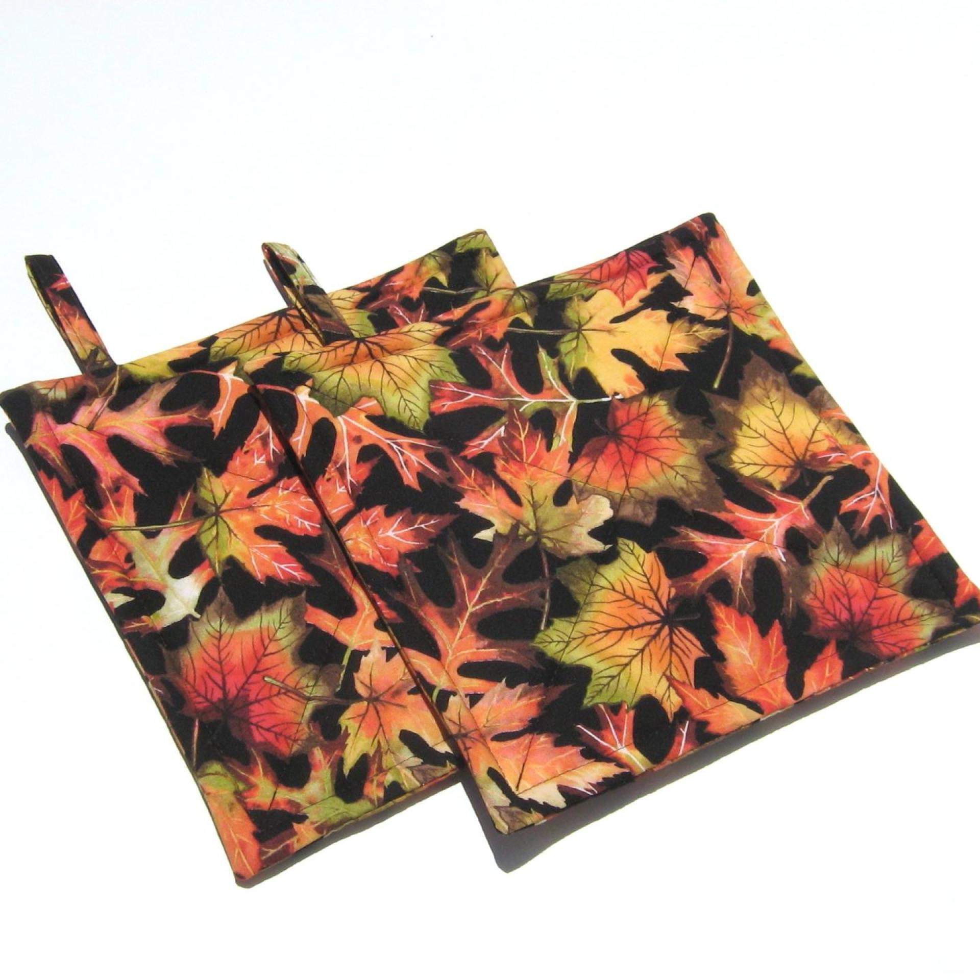 Swirling Autumn Leaves Potholders, Colorful Red Gold Maple Leaf Hot Pads, USA Made Housewarming or Hostess Gift