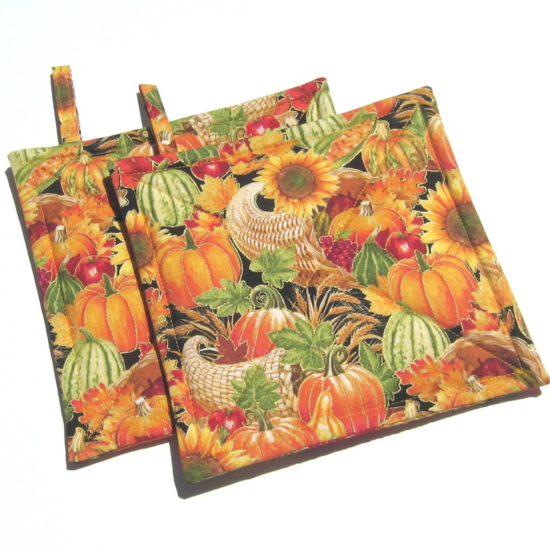 Autumn Harvest Potholders, Hot Pads w. Pumpkins, Sunflowers and Apples, USA Made Housewarming or Hostess Gift