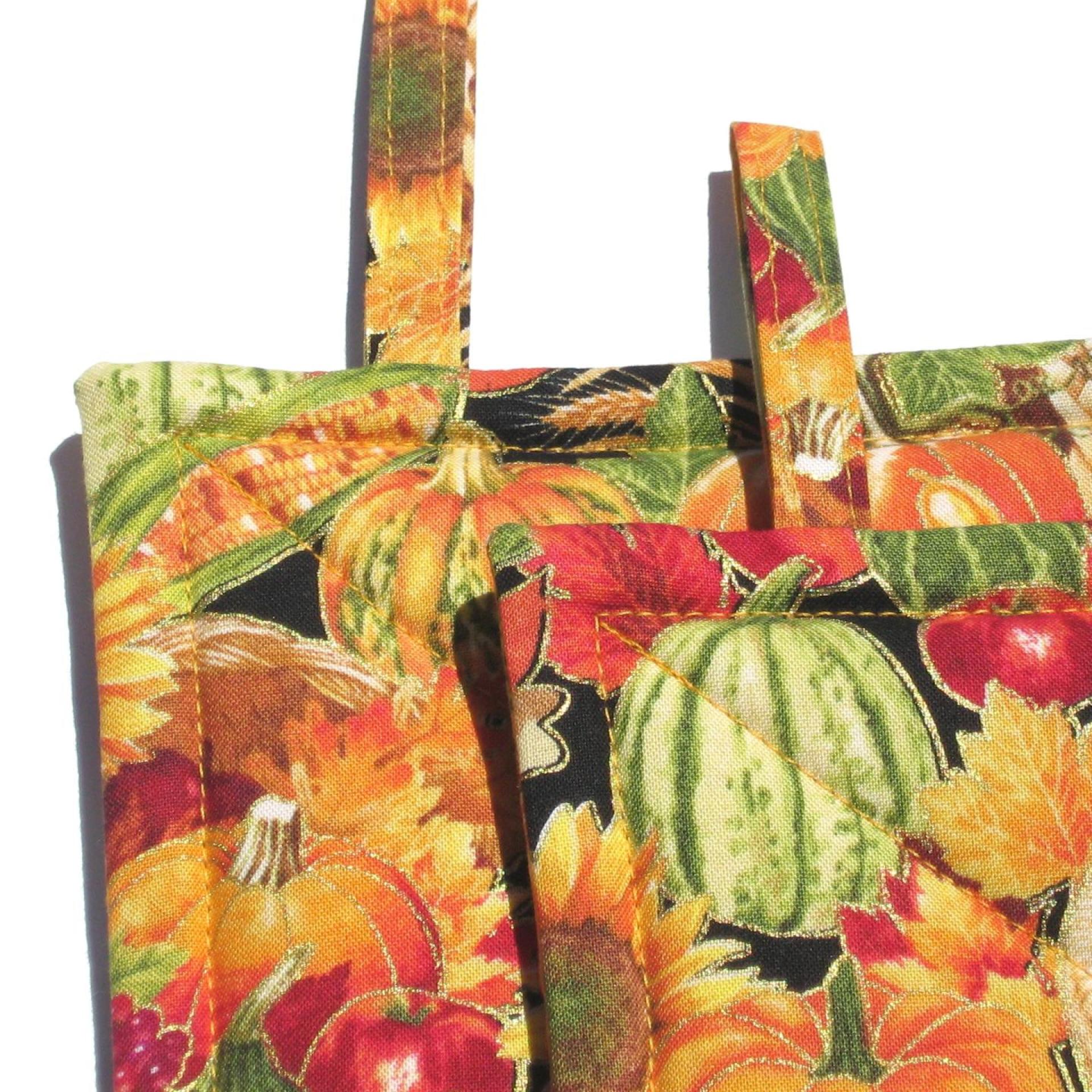 Autumn Harvest Potholders, Hot Pads w. Pumpkins, Sunflowers and Apples, USA Made Housewarming or Hostess Gift