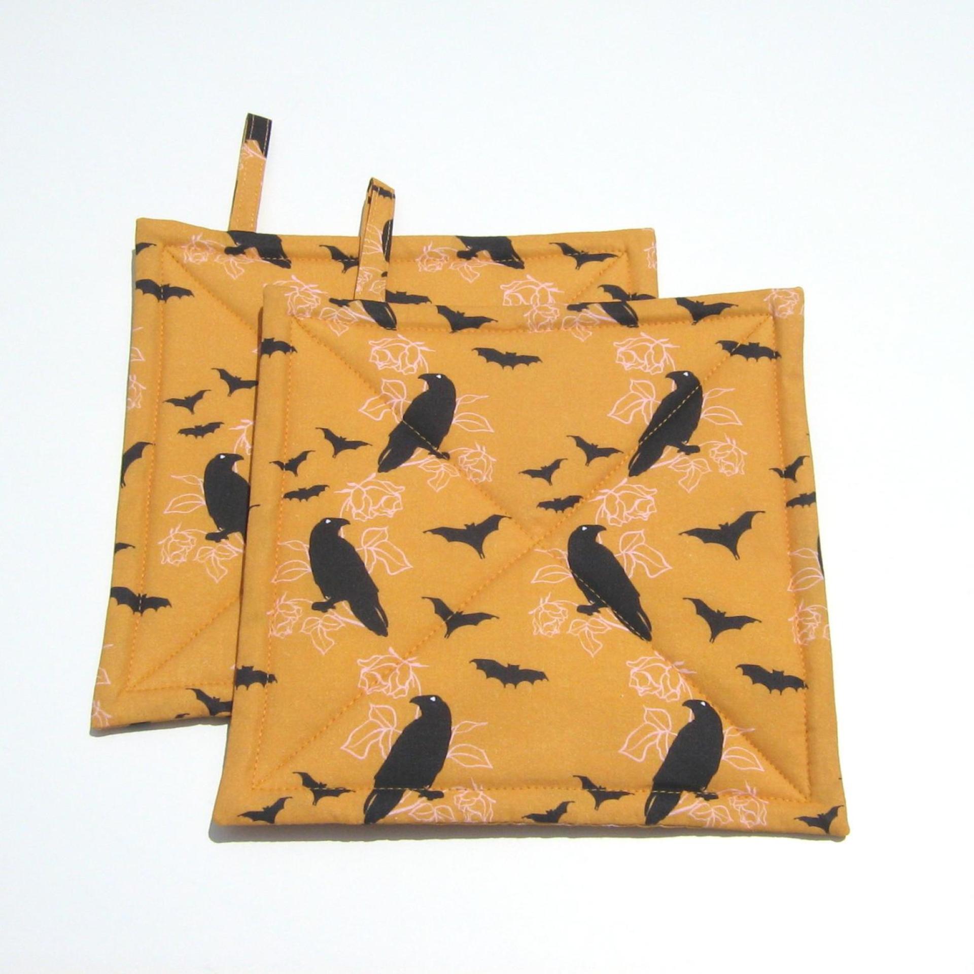 Crows and Bats Halloween Potholders, Orange and Black Hot Pads, Haunted House Décor, USA Made Housewarming or Hostess Gift