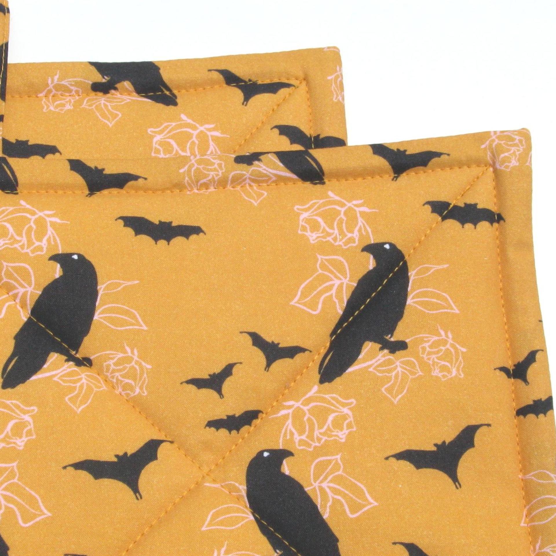 Crows and Bats Halloween Potholders, Orange and Black Hot Pads, Haunted House Décor, USA Made Housewarming or Hostess Gift