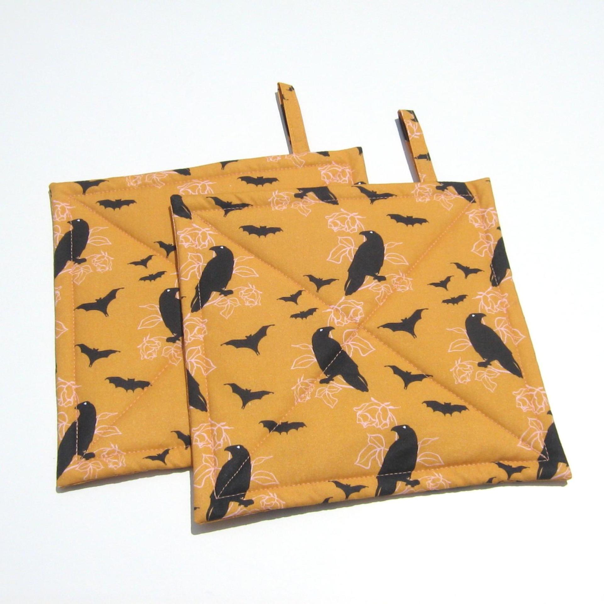 Crows and Bats Halloween Potholders, Orange and Black Hot Pads, Haunted House Décor, USA Made Housewarming or Hostess Gift