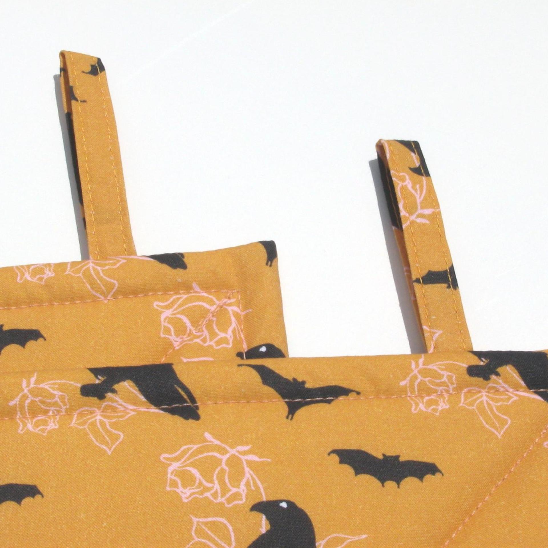 Crows and Bats Halloween Potholders, Orange and Black Hot Pads, Haunted House Décor, USA Made Housewarming or Hostess Gift