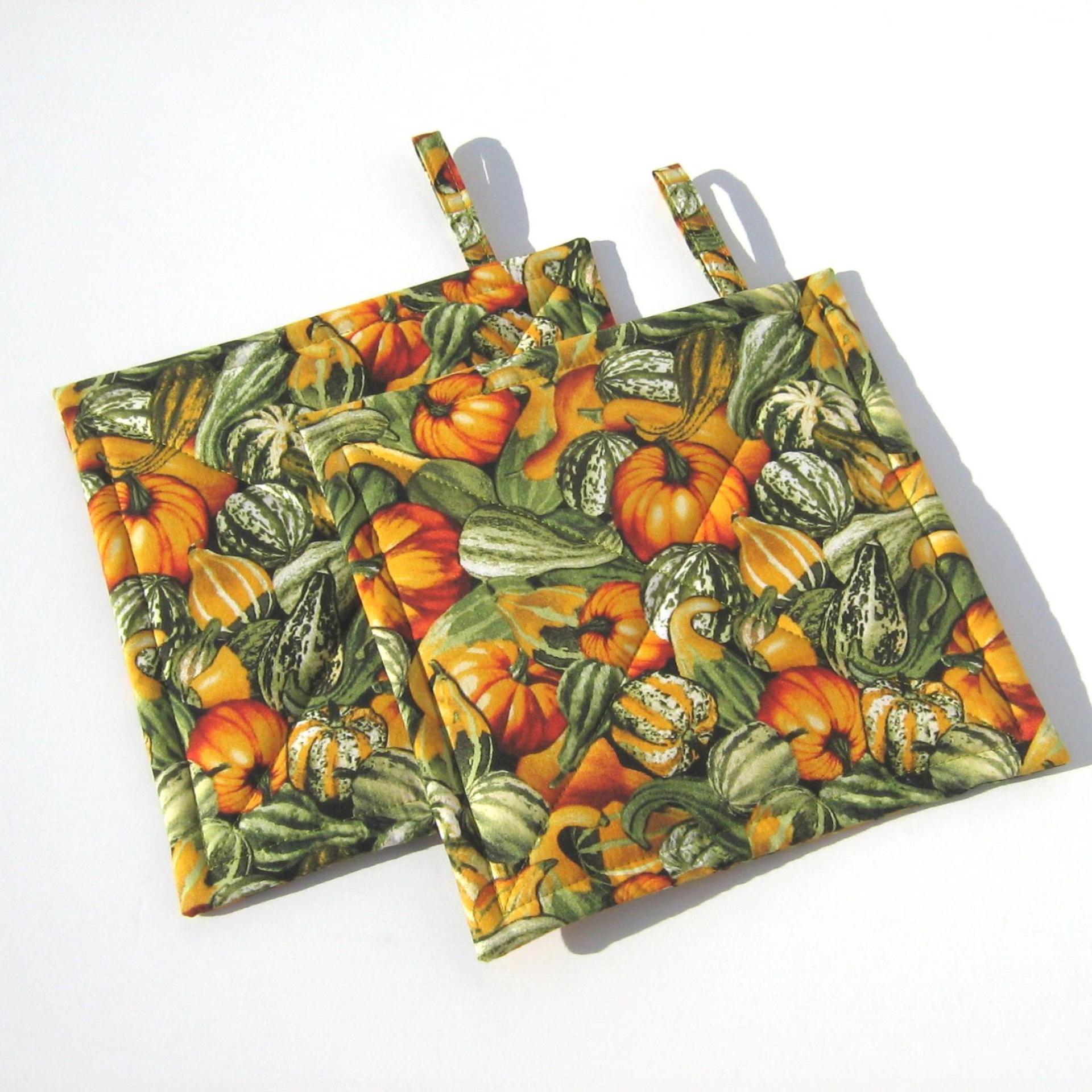 Pumpkins and Gourds Potholders. Gold and Green Quilted Hot Pads. USA Hand Made for Housewarming, Hostess Gift