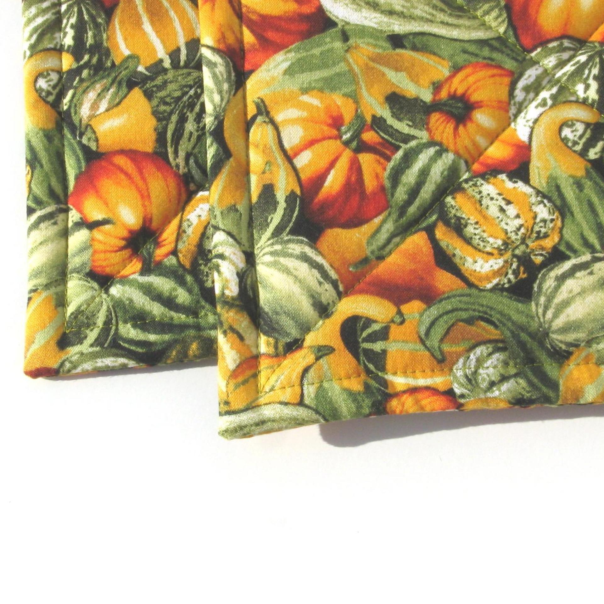 Pumpkins and Gourds Potholders. Gold and Green Quilted Hot Pads. USA Hand Made for Housewarming, Hostess Gift