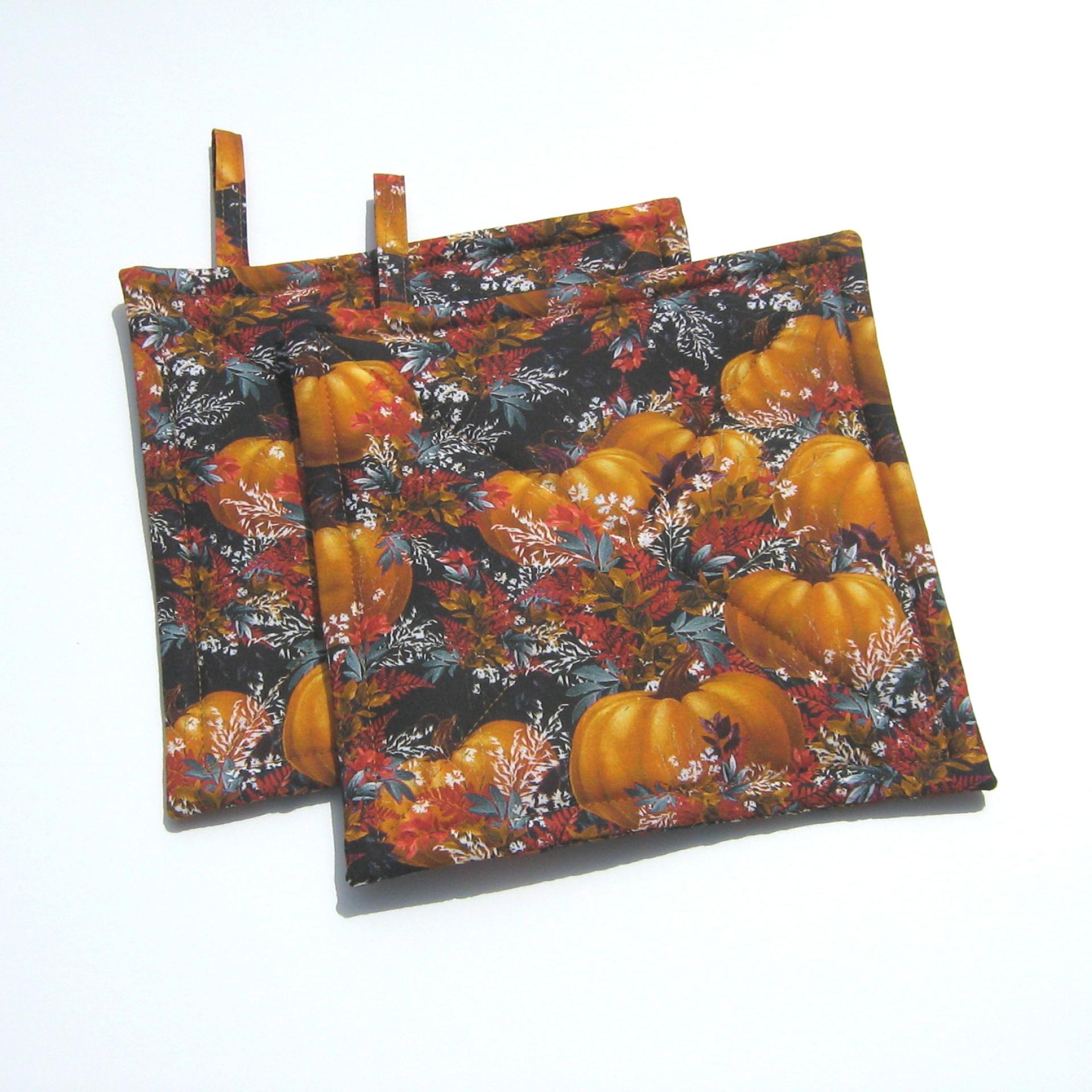 Pumpkins with Autumn Leaves and Grasses Potholders, Fall Color Foliage Quilted Hot Pads, USA Handmade Housewarming or Hostess Gift