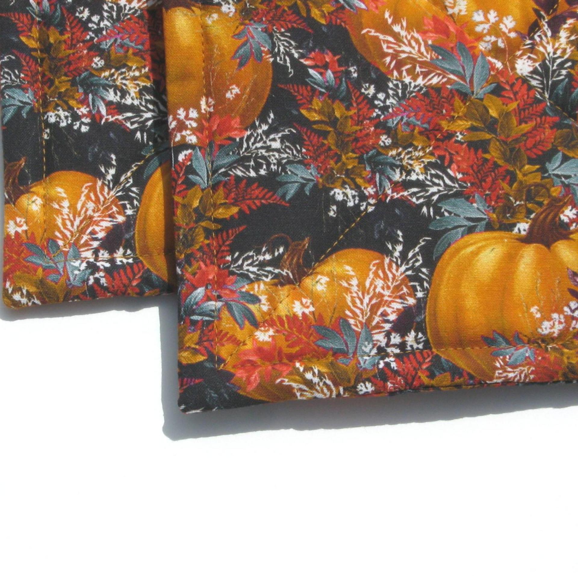 Pumpkins with Autumn Leaves and Grasses Potholders, Fall Color Foliage Quilted Hot Pads, USA Handmade Housewarming or Hostess Gift