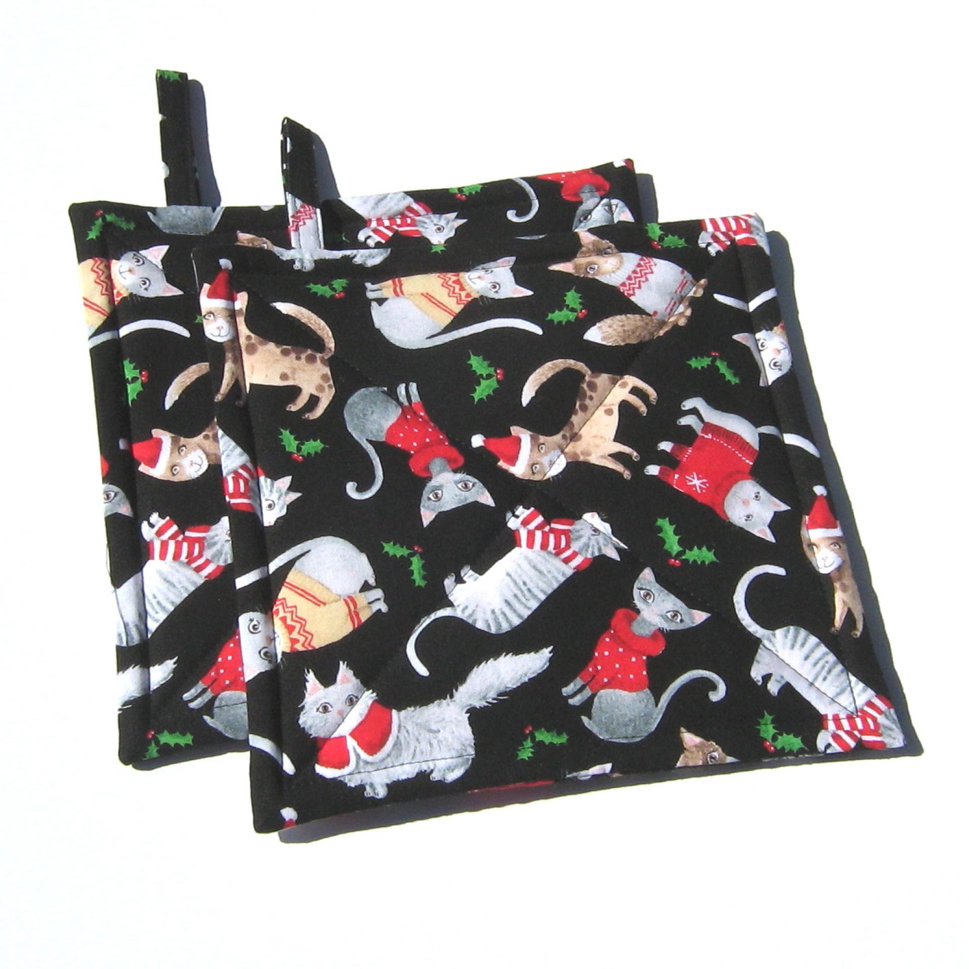 Holiday Cats Potholders, Whimsical Christmas Cats in Sweaters, Quilted Hot Pads for Housewarming and Hostess Gift, Stocking Stuffer