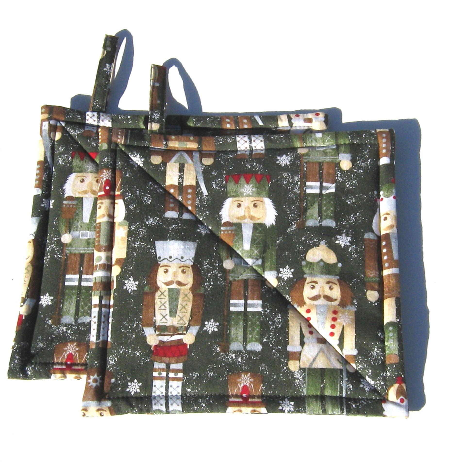 Nutcracker Potholders in Greens and Browns, Holiday Kitchen Décor Quilted Hot Pads, Handcrafted Stocking Stuffer, Housewarming or Hostess Gift