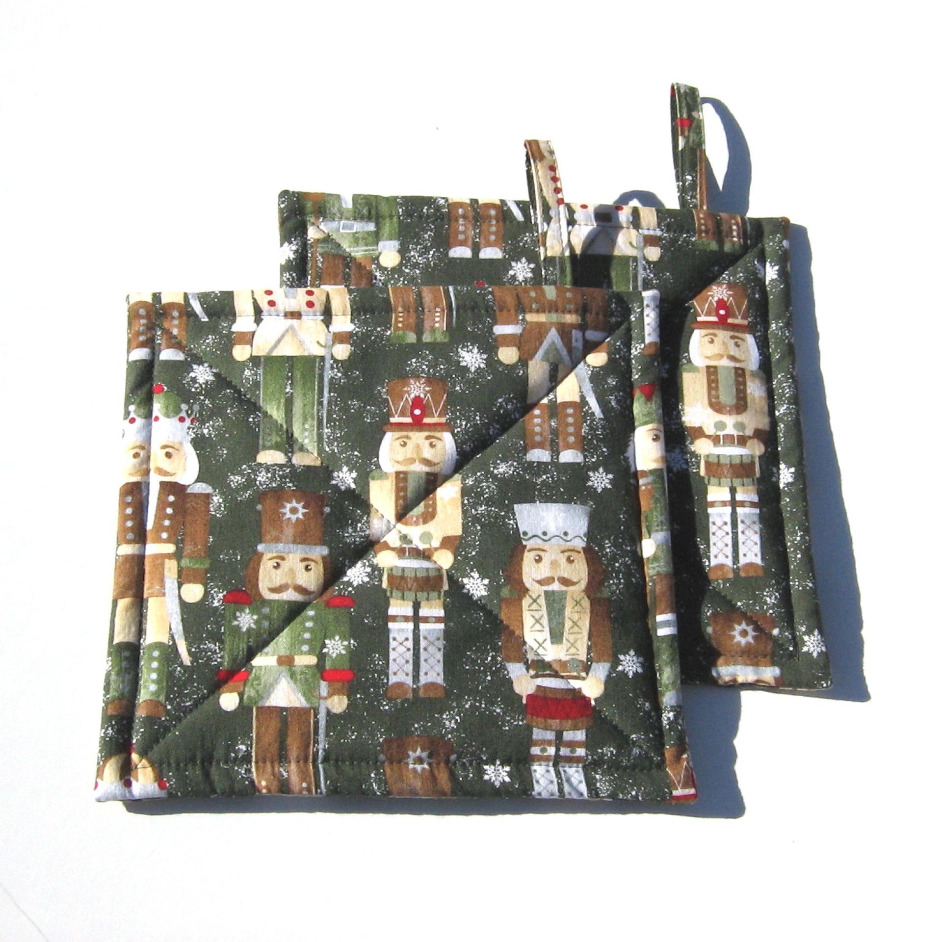 Nutcracker Potholders in Greens and Browns, Holiday Kitchen Décor Quilted Hot Pads, Handcrafted Stocking Stuffer, Housewarming or Hostess Gift