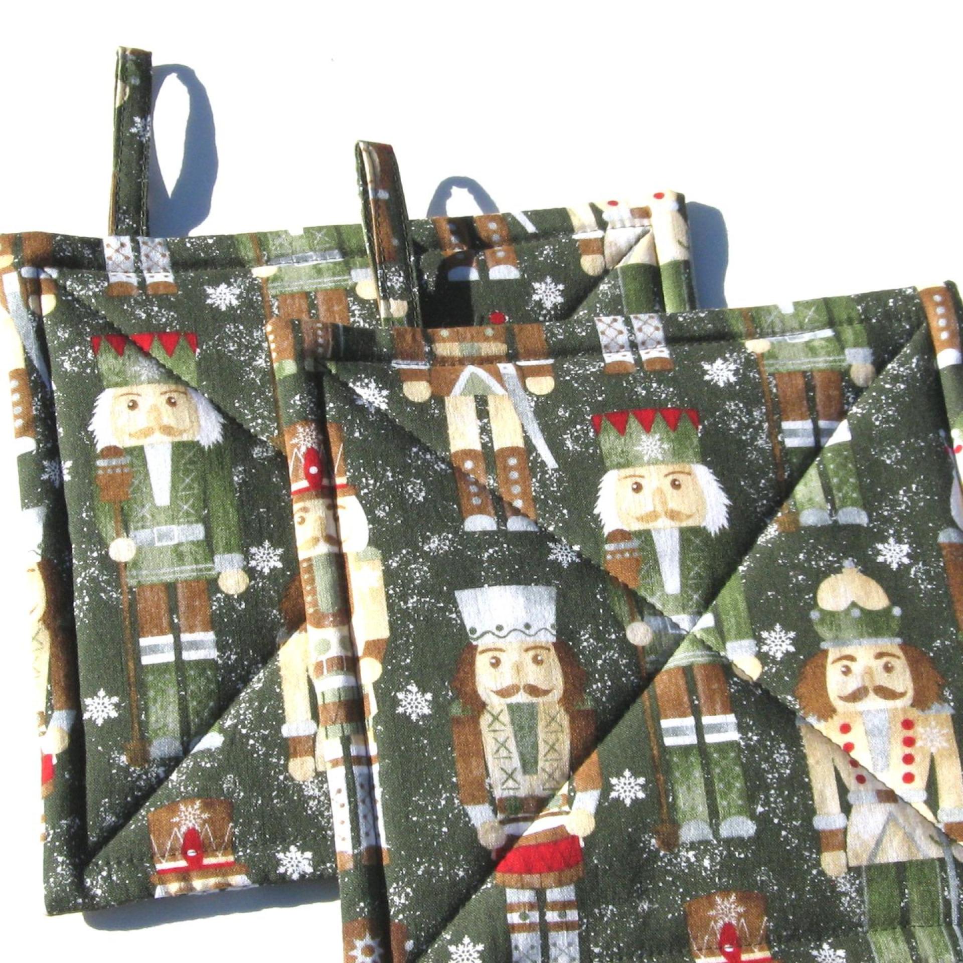 Nutcracker Potholders in Greens and Browns, Holiday Kitchen Décor Quilted Hot Pads, Handcrafted Stocking Stuffer, Housewarming or Hostess Gift