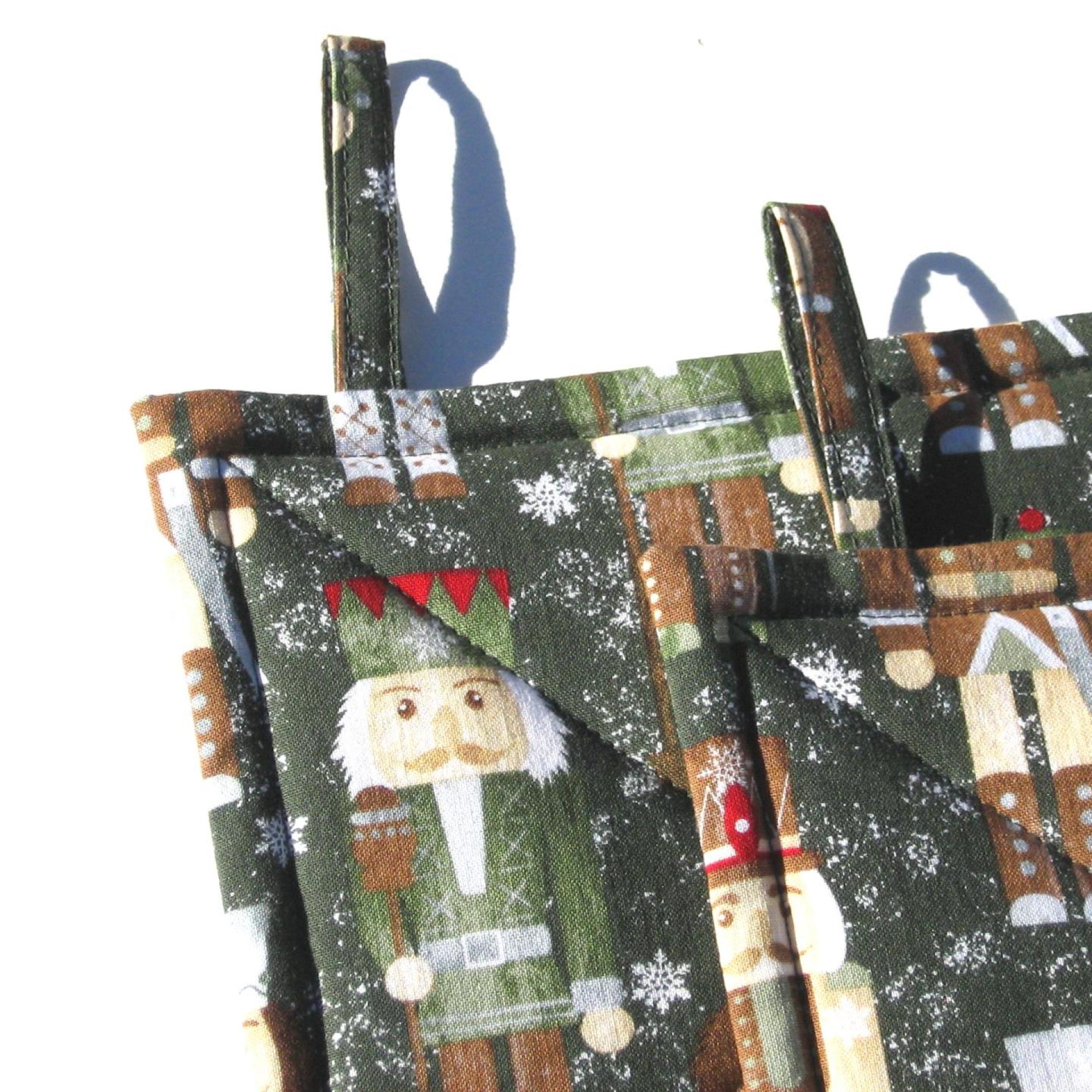 Nutcracker Potholders in Greens and Browns, Holiday Kitchen Décor Quilted Hot Pads, Handcrafted Stocking Stuffer, Housewarming or Hostess Gift