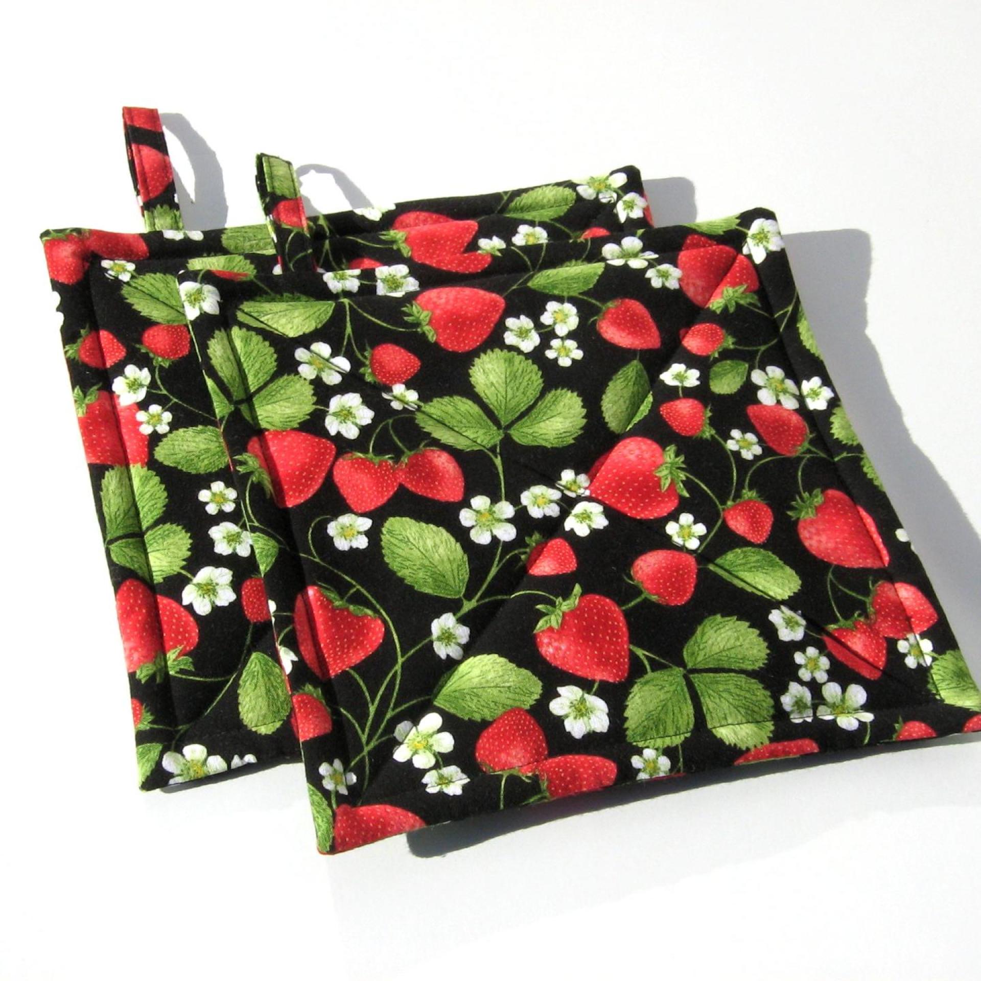 Sweetheart Strawberry Potholders, Red Berries with Leaves & Blossoms on a Black Background, USA Handcrafted Hot Pads, Housewarming Gift