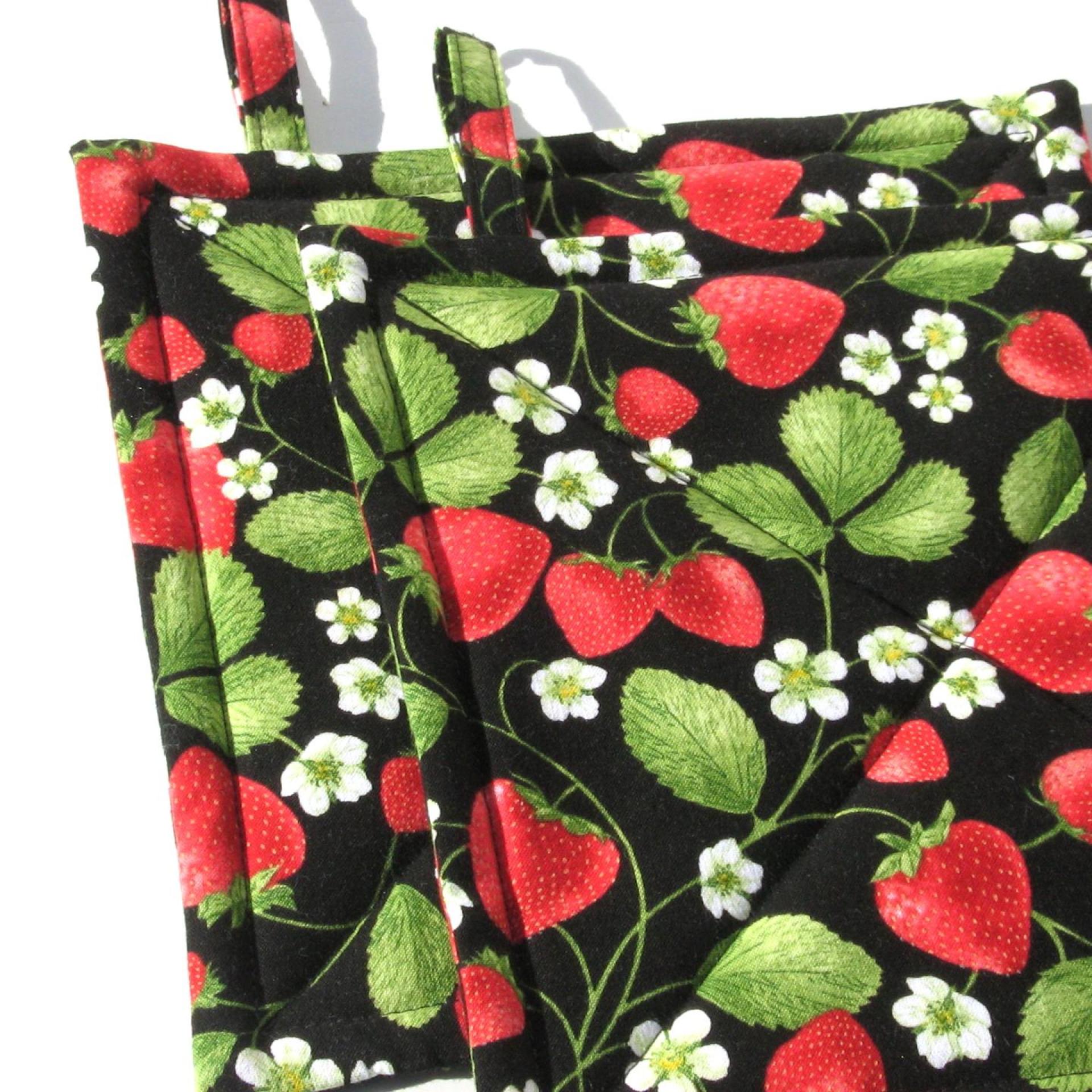 Sweetheart Strawberry Potholders, Red Berries with Leaves & Blossoms on a Black Background, USA Handcrafted Hot Pads, Housewarming Gift