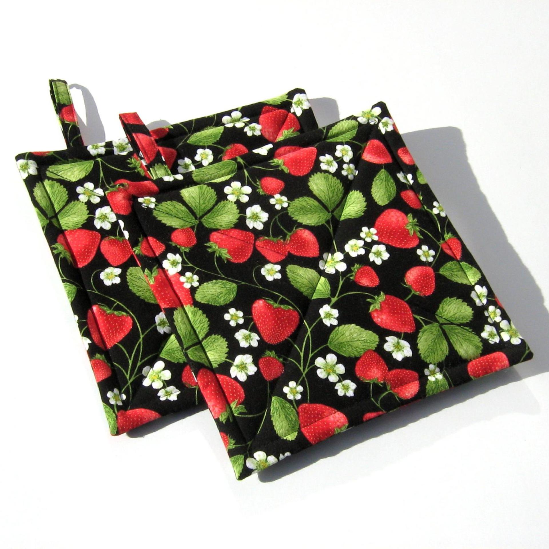 Sweetheart Strawberry Potholders, Red Berries with Leaves & Blossoms on a Black Background, USA Handcrafted Hot Pads, Housewarming Gift