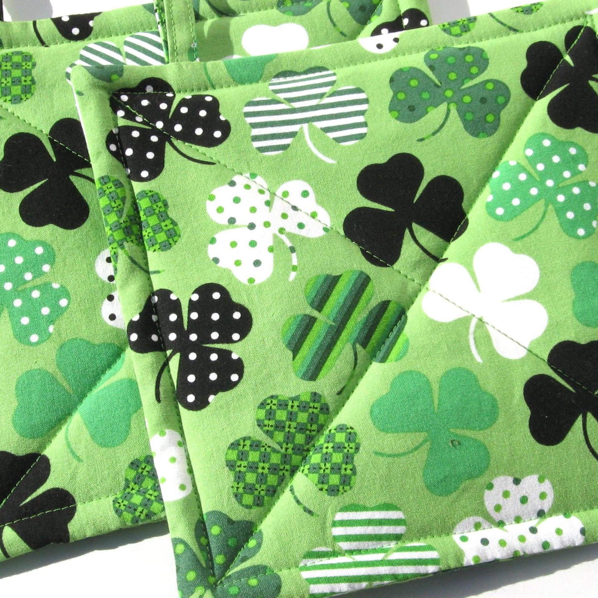 Shamrock Potholders with Dots and Stripes on a Green Background, St Patrick's Day Décor, USA Handmade Hot Pads, Housewarming Gift