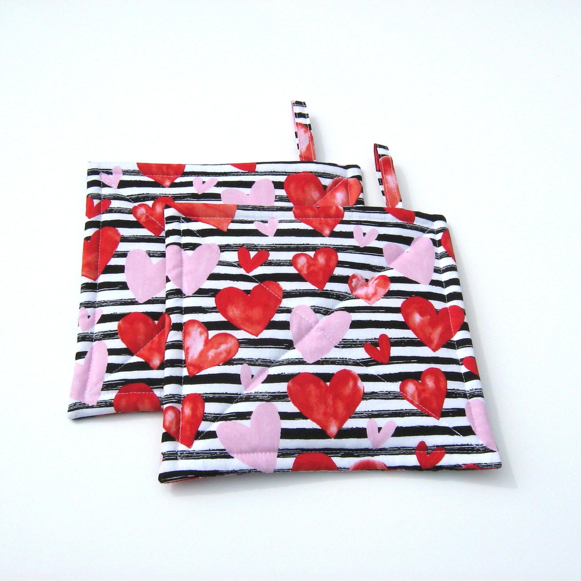 Sweetheart Potholders, Pink & Red Hearts, Black White Stripes Quilted Hot Pads, USA Handcrafted Gift, Housewarming, Hostess, Valentines Gift