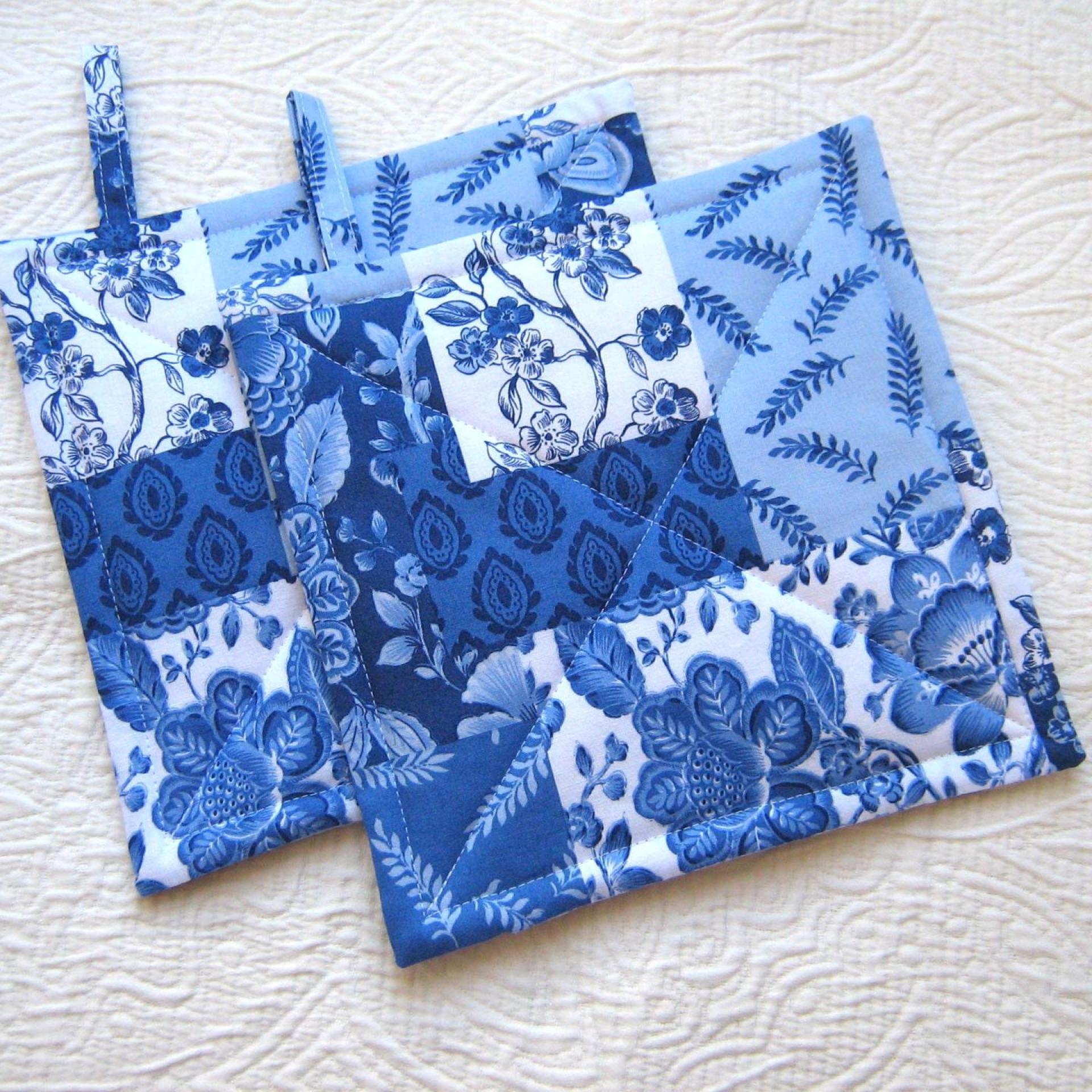 Faux Patchwork Potholders in Blue and White, Spring and Summer Kitchen Décor, Quilted Hot Pads, Handmade Mother's Day or Quilter's Gift