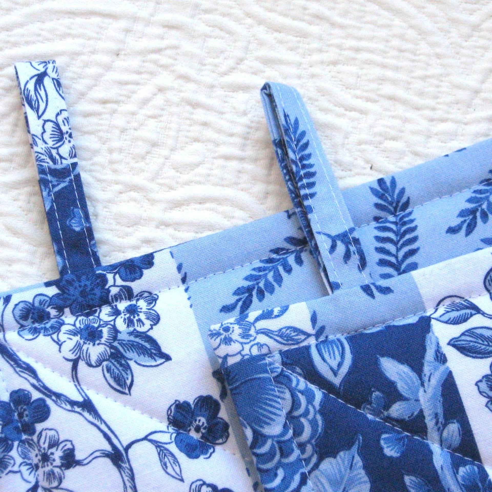 Faux Patchwork Potholders in Blue and White, Spring and Summer Kitchen Décor, Quilted Hot Pads, Handmade Mother's Day or Quilter's Gift