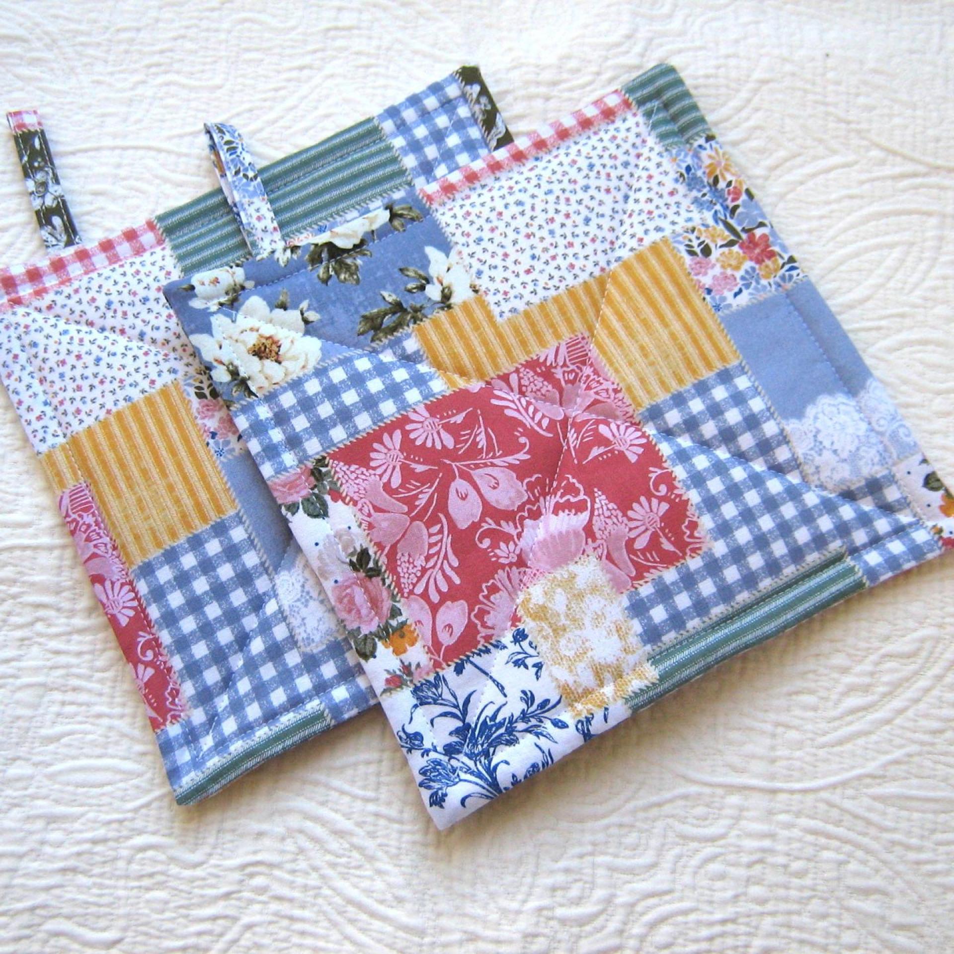 Faux Patchwork Potholders in Blue, Pink, White, Spring and Summer Kitchen Décor, Quilted Hot Pads, Handmade Mother's Day or Quilter's Gift