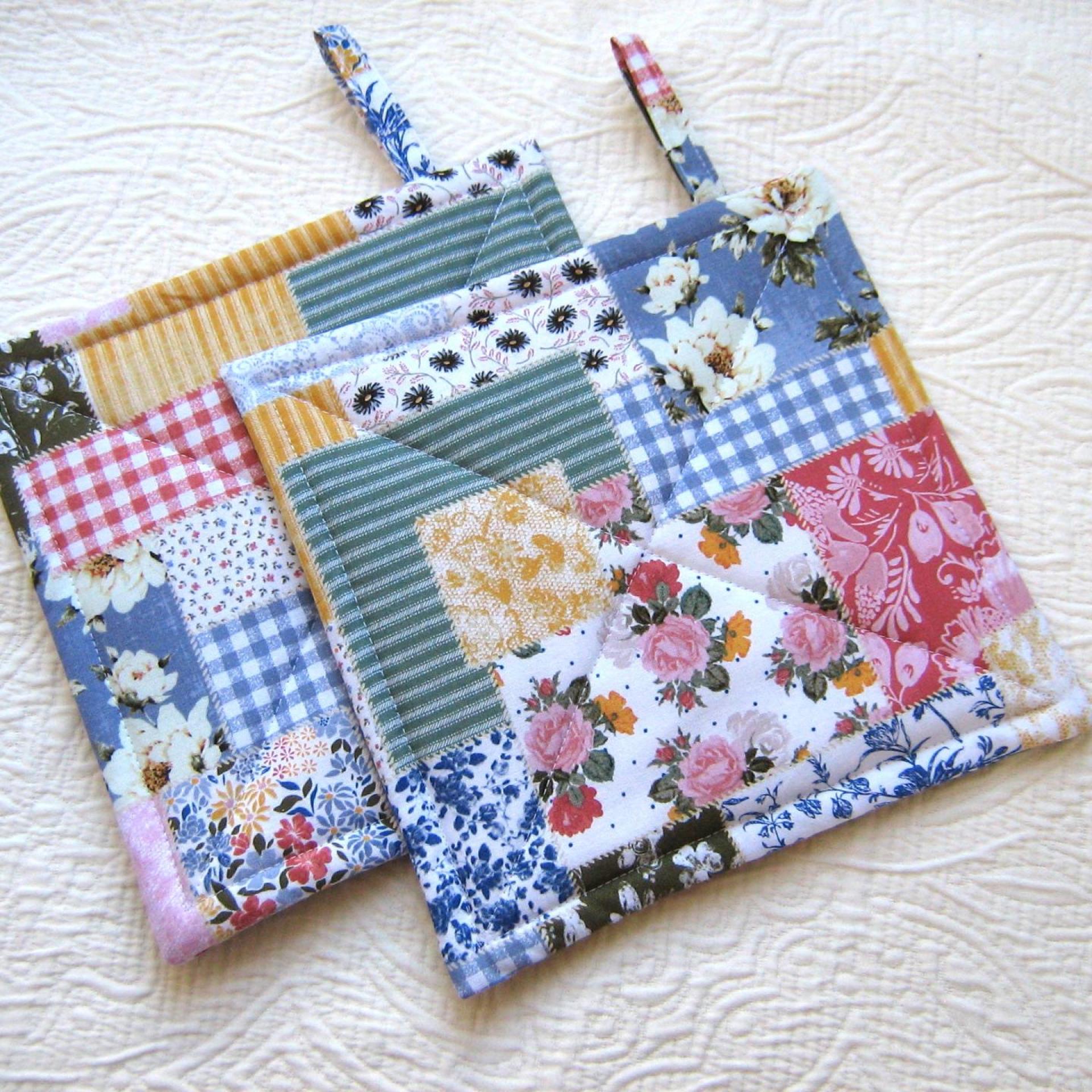 Faux Patchwork Potholders in Blue, Pink, White, Spring and Summer Kitchen Décor, Quilted Hot Pads, Handmade Mother's Day or Quilter's Gift